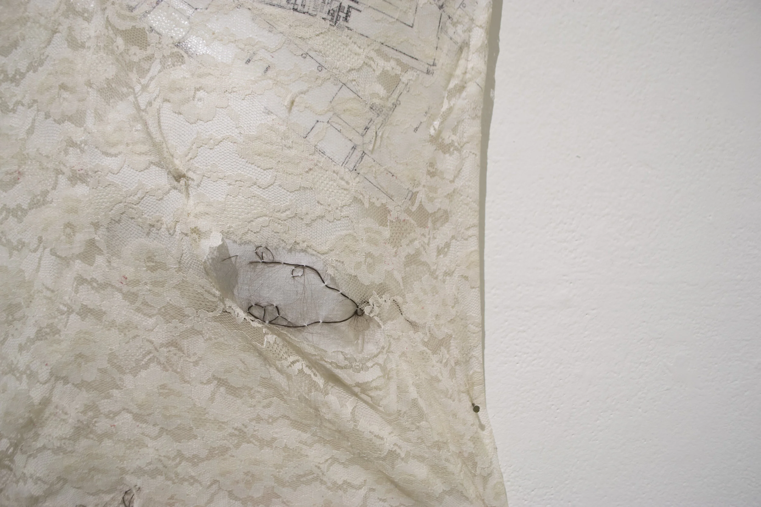 The body bisected (Detail) Lace, collograph, gel transfers, embroidered human hair, polyfill 2017
