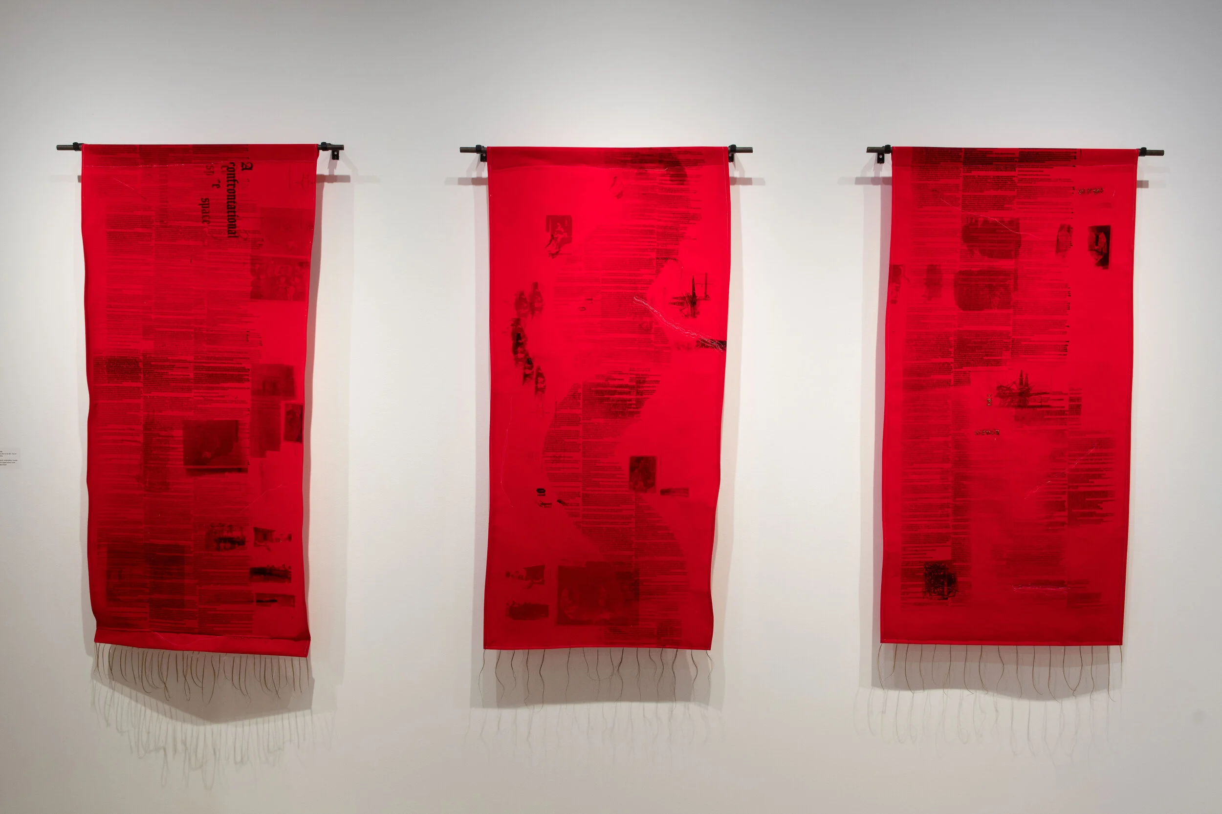 I wont starve the land of its dirt, you've poisoned us before Triptych screenprint, embroidery, human hair on petroleum based velvet cover, asphaltum coated dowel 2019