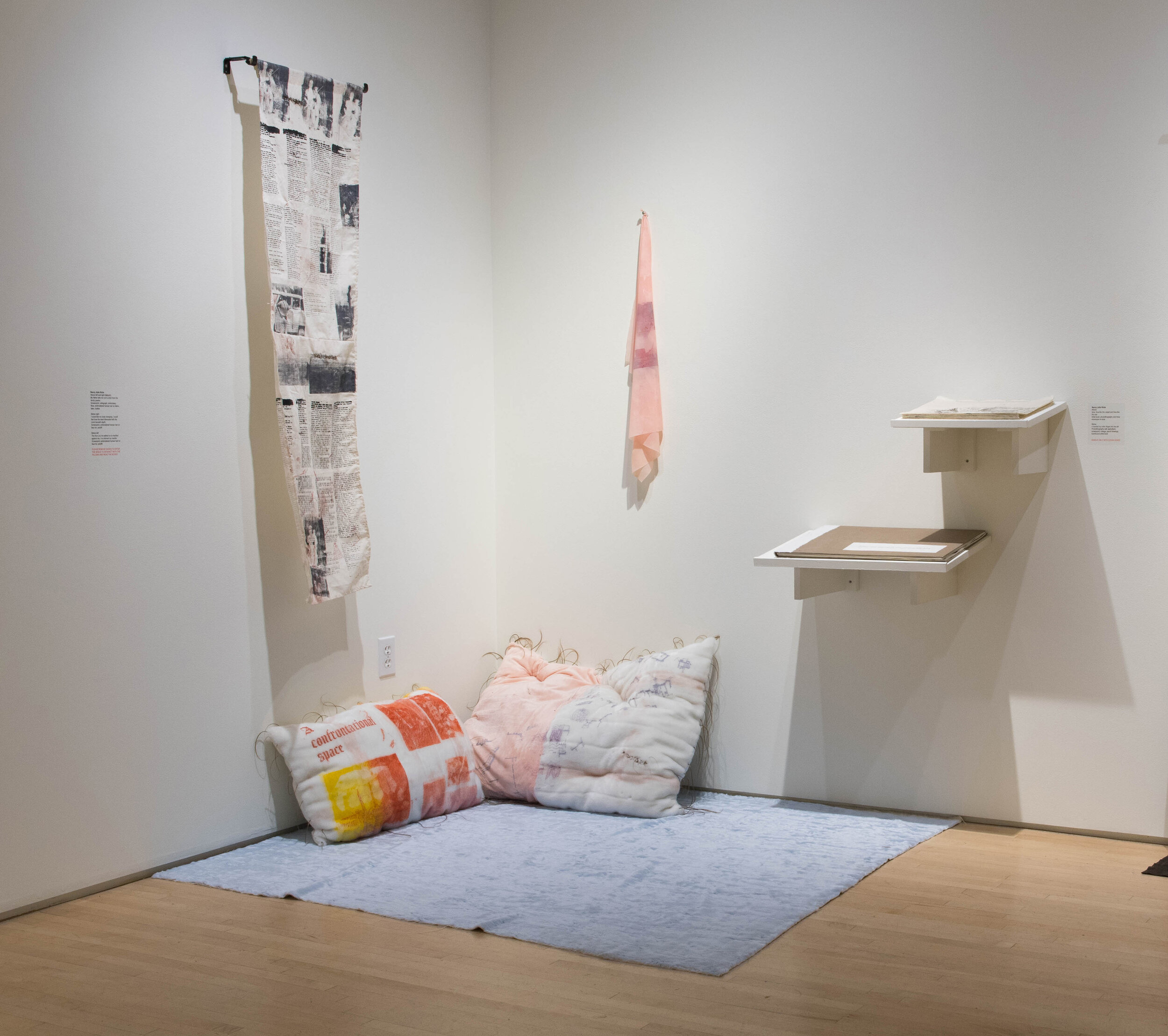   Comfort Installation   Mixed media installation containing screenprinted faux fur pillows, embroidery, artist books, and screenprint and bullets on latex  2019 