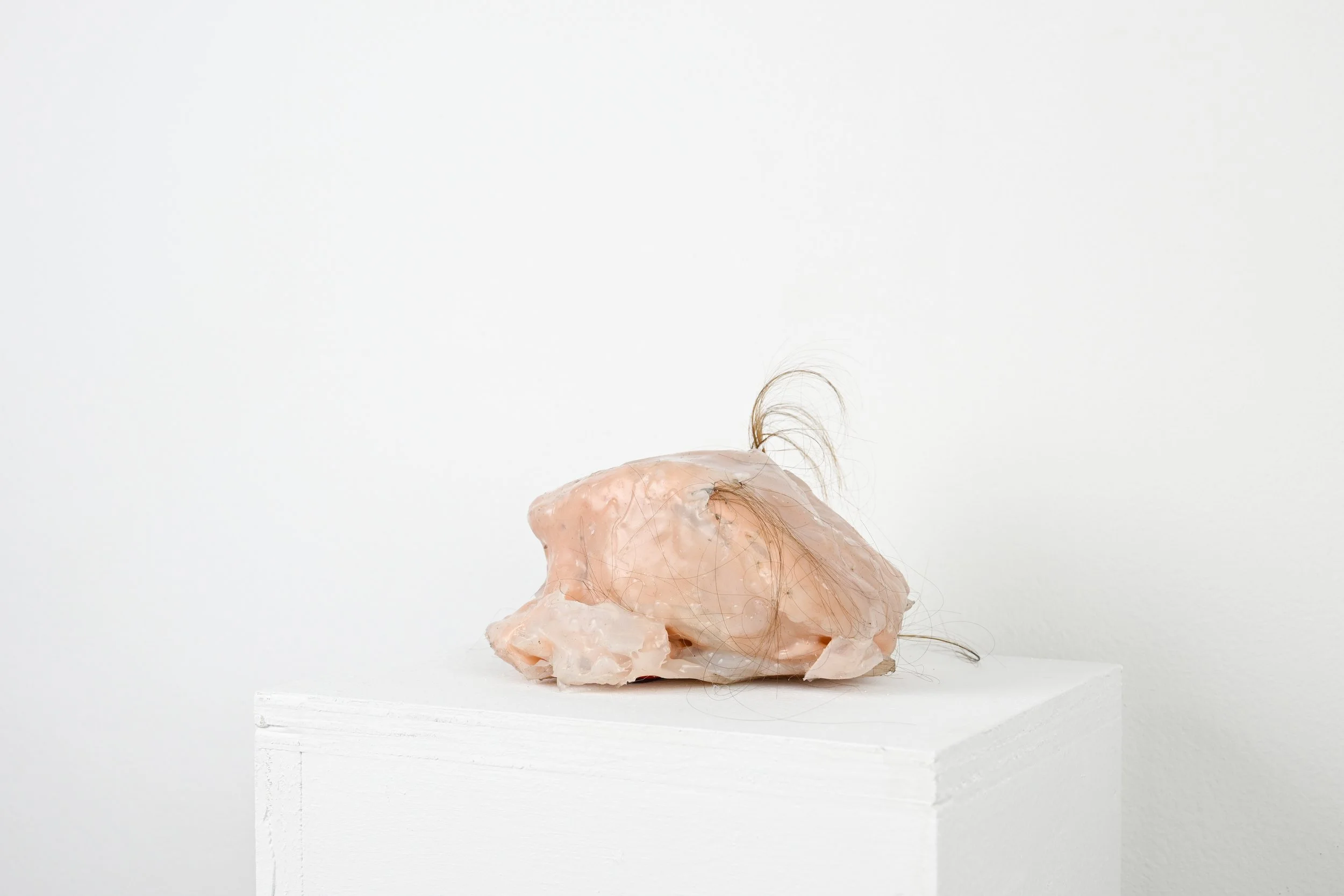 Alongside 2024 Cast silicone, polyethylene, human hair, servo motor From solo exhibition Sallow at Hair and Nails Gallery, Minneapolis 2024 Photographed by Emma Beatrez