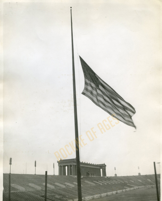 The flag flies at half-mast in Soldier Field, Chicago, on April 1, 1931, the day after Knute Rockne lost his life in a plane crash… CREDIT: International Chicago 