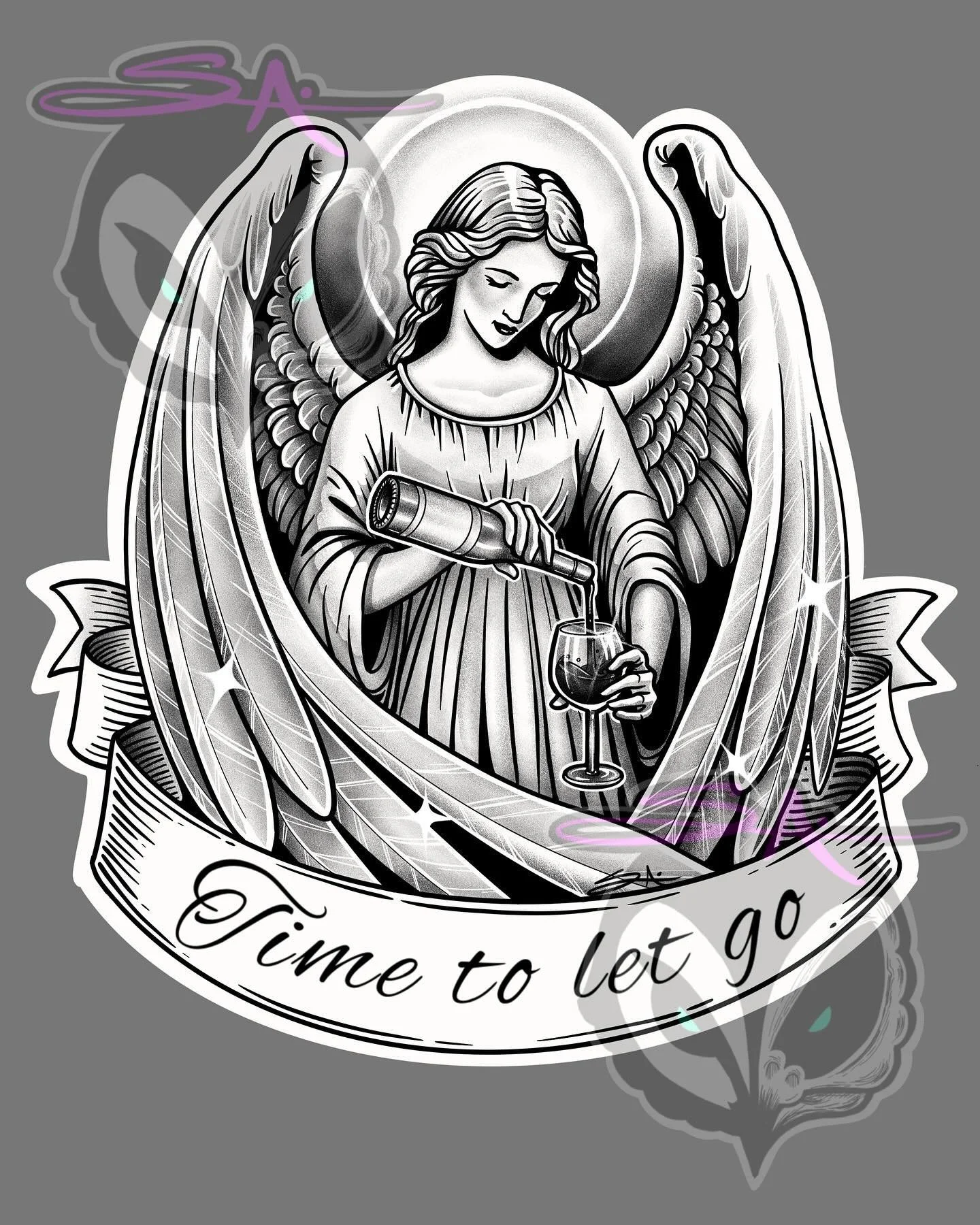 It&rsquo;s time for angelic wisdom 🪽😇🍷New design hitting the shop soon! 
.
.
.
#creepitreal #stickershop #weirdandwonderful #wine #angel #angeltattoo #angelicguidance #letgo #itstime #cutegoth #death #bartender #barart #cocktails #tattooflash #tat