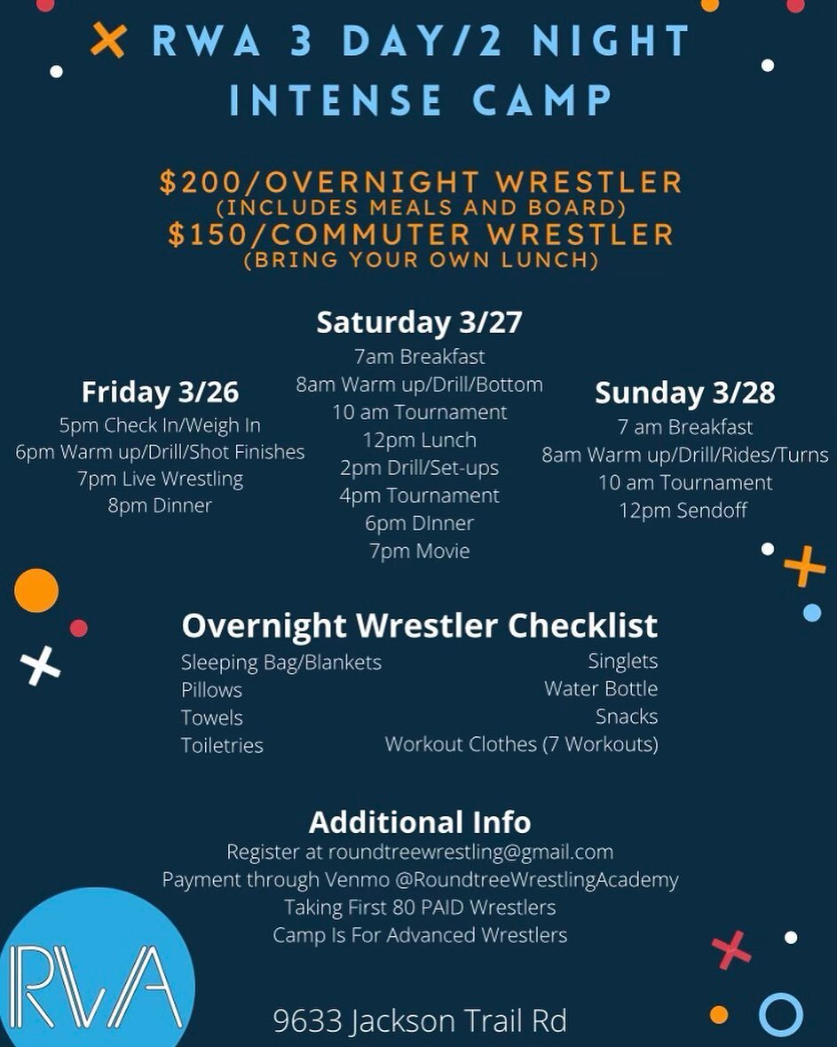 🚨6 spots remaining🚨

Pre-register and pay by this weekend and have your last name on the back of your camp t-shirt. 

6-man round robin tournament in the middle of camp. All wrestlers weigh-in Friday at registration. 

We have wrestlers signed up f