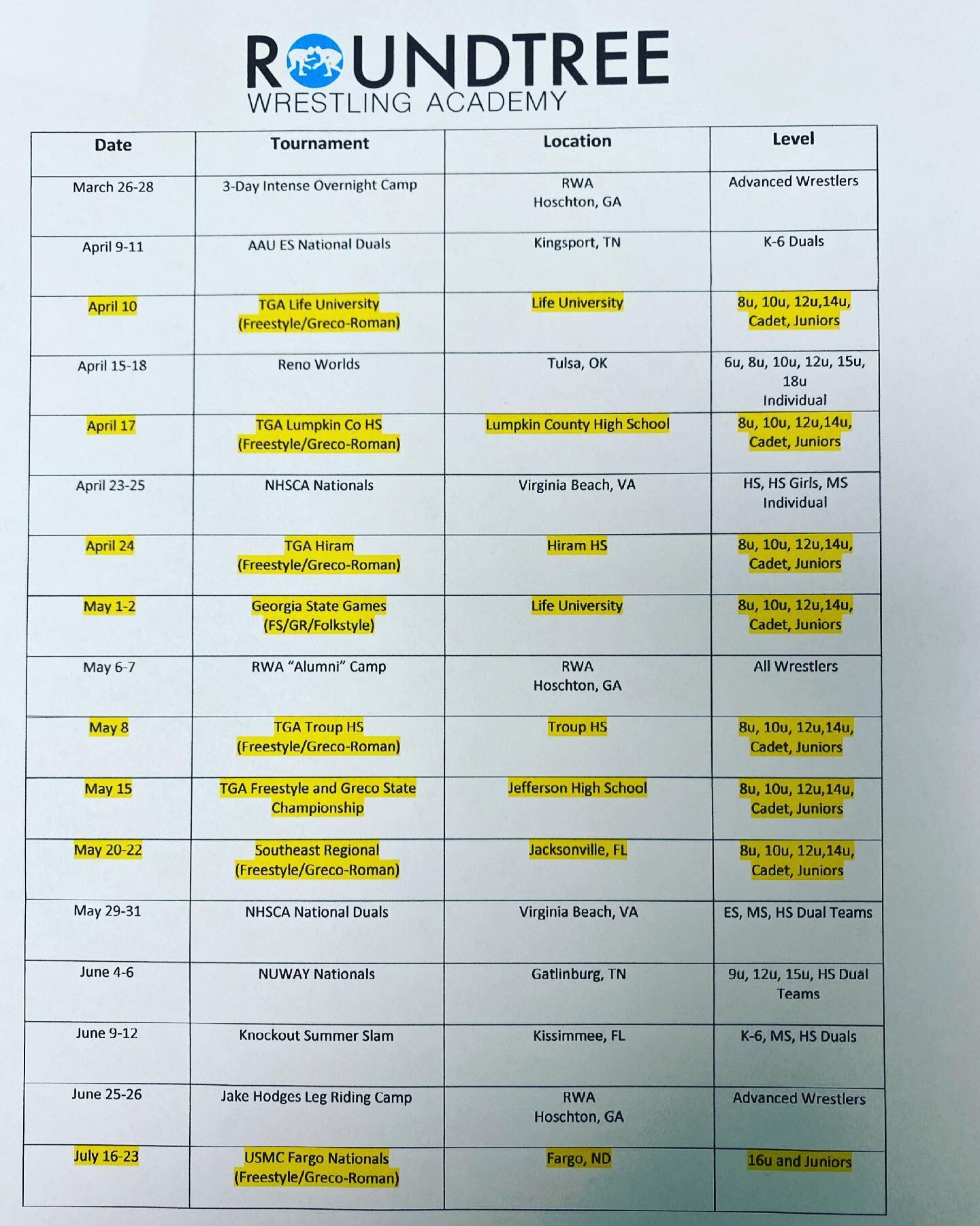 🚨Updated Schedule🚨

FS/GR events are highlighted!

Southern Throne has been take off our schedule due to FS/GR State. 

#treehousetrained