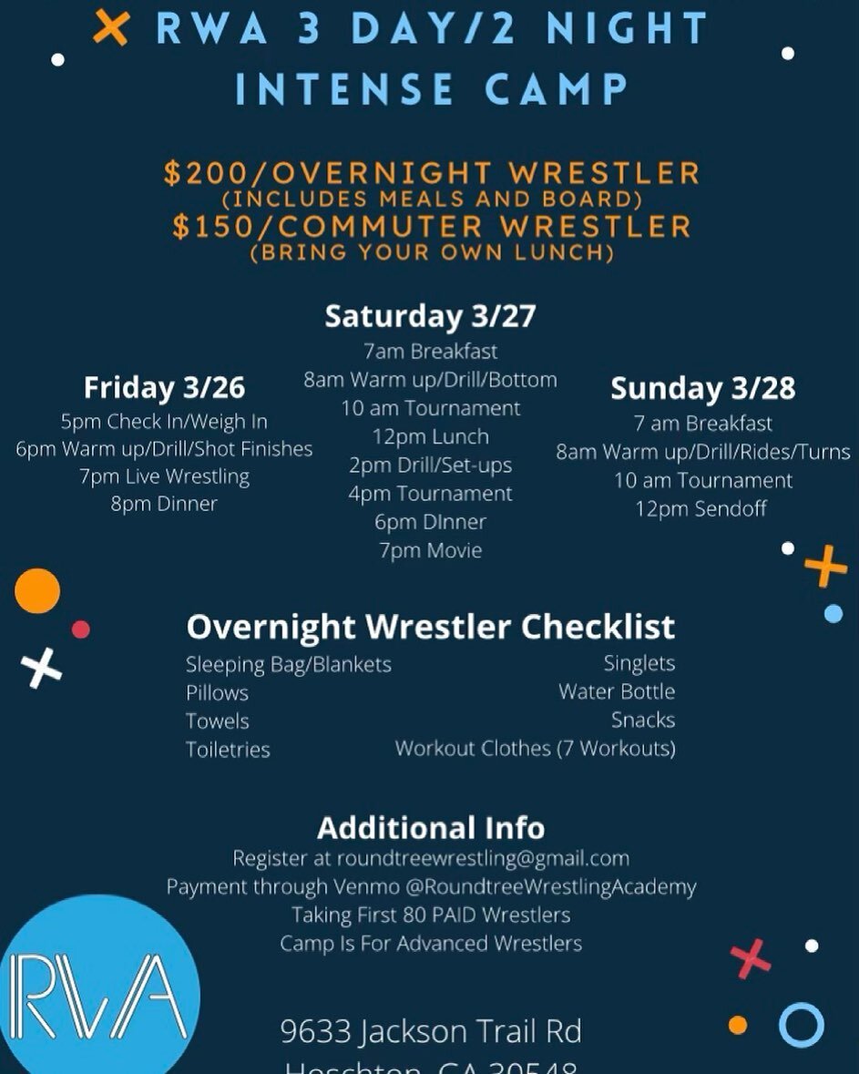 We are approaching a big weekend! All overnight wrestlers, please bring everything listed in flyer and a few other additional things listed below. Running shoes, slides or shower shoes, battery pack for phone, and swim shorts. 

Please fill out medic