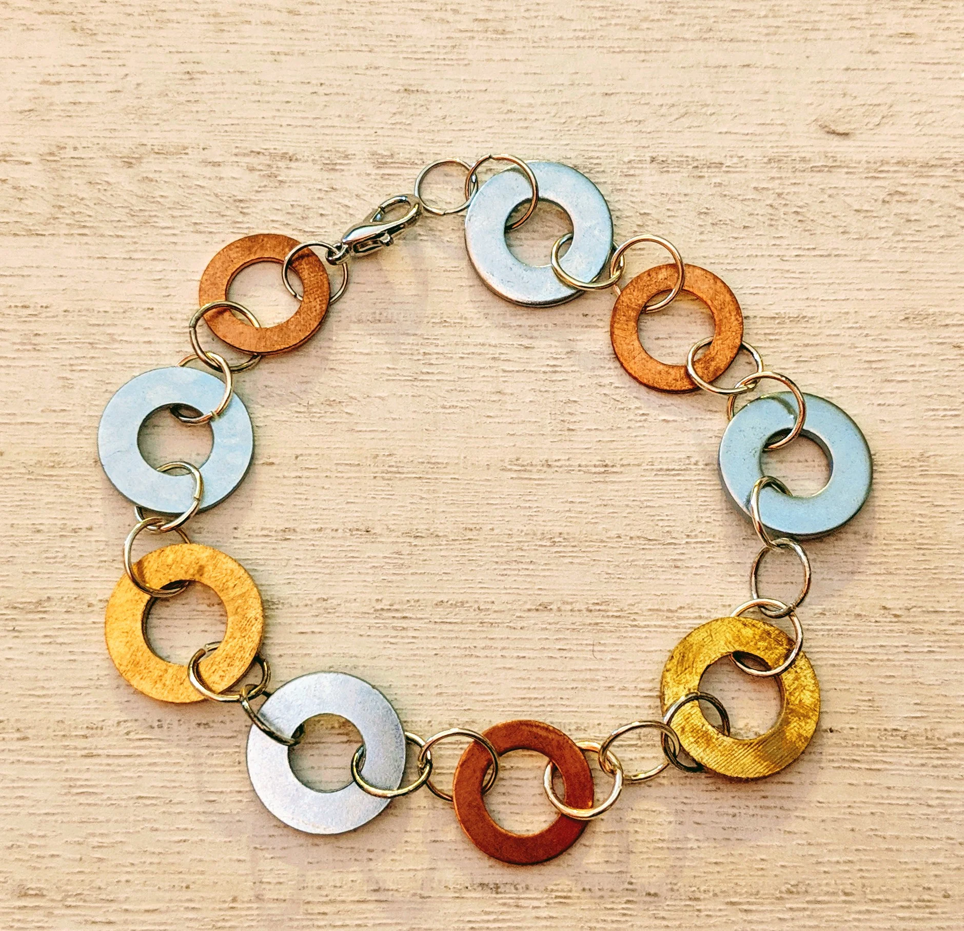 Copper, Bronze and Silver Washer Bracelet