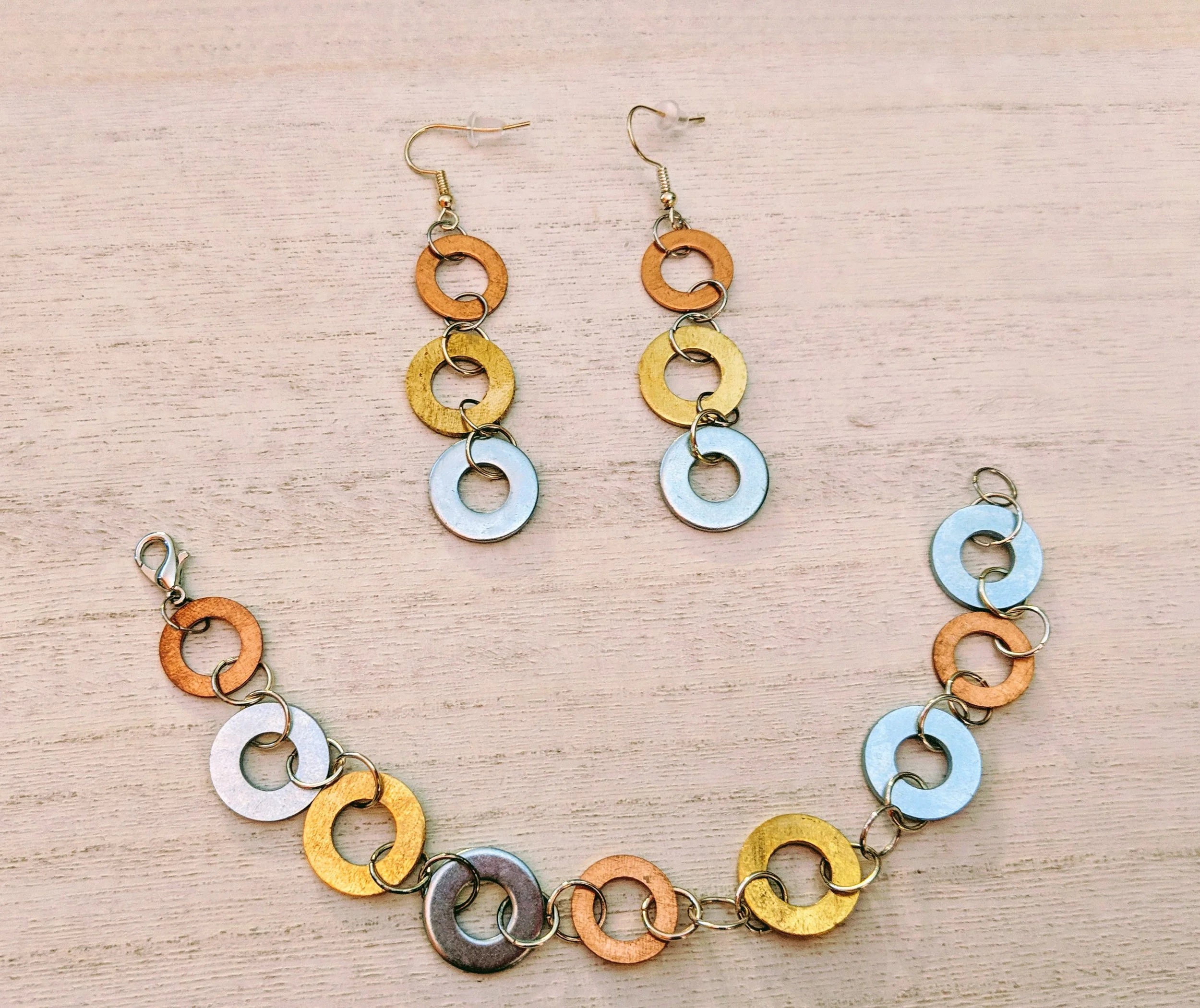 Copper, Bronze and Silver Earrings and Bracelet Set