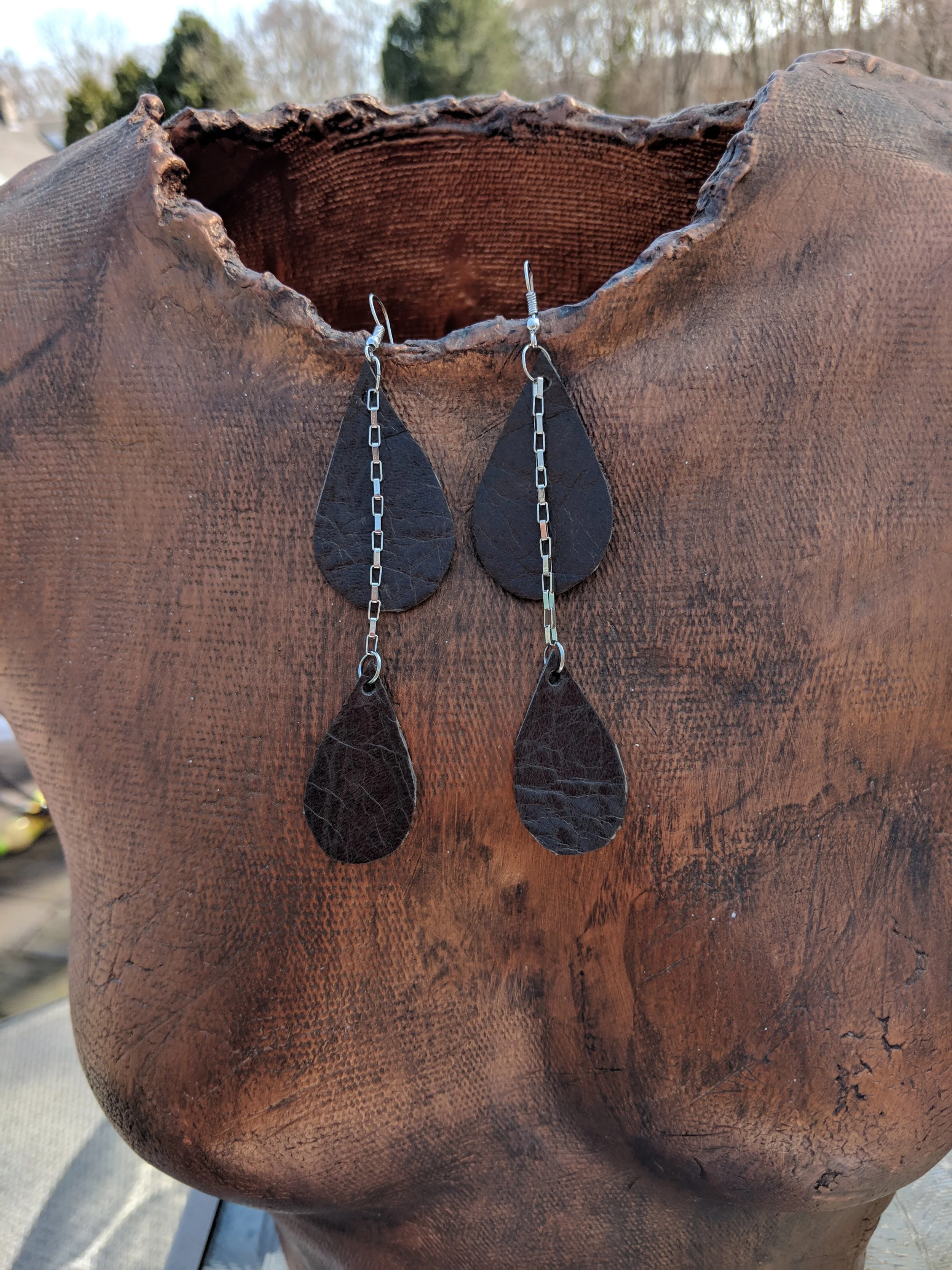 Black Leather Tear-Drop Earrings