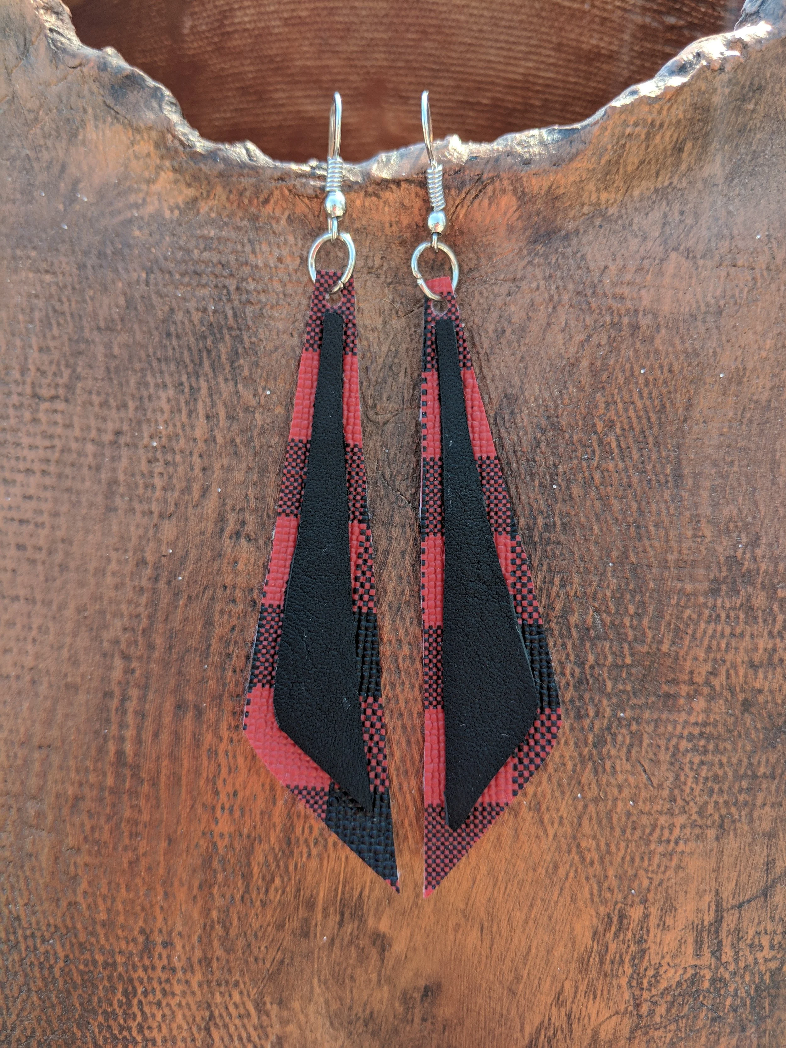 Black and Red Plaid Leather Earrings