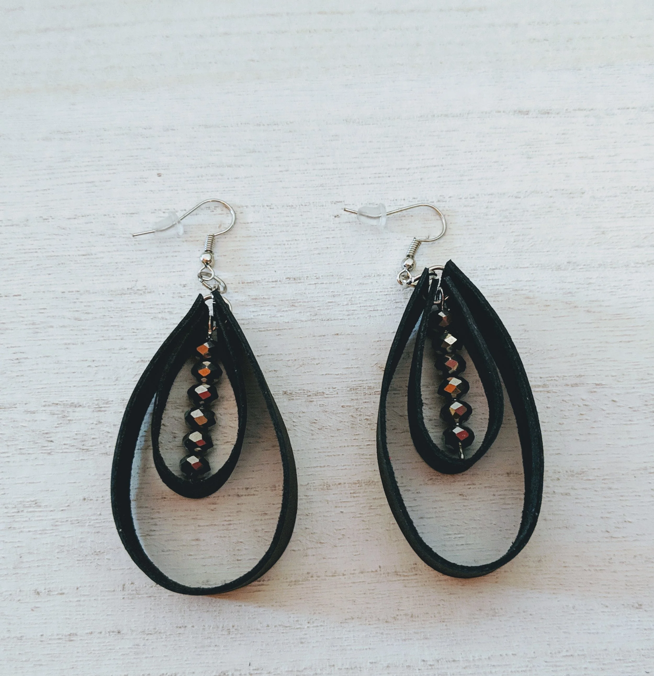 Black Leather and Silver Beaded Teardrop Earrings