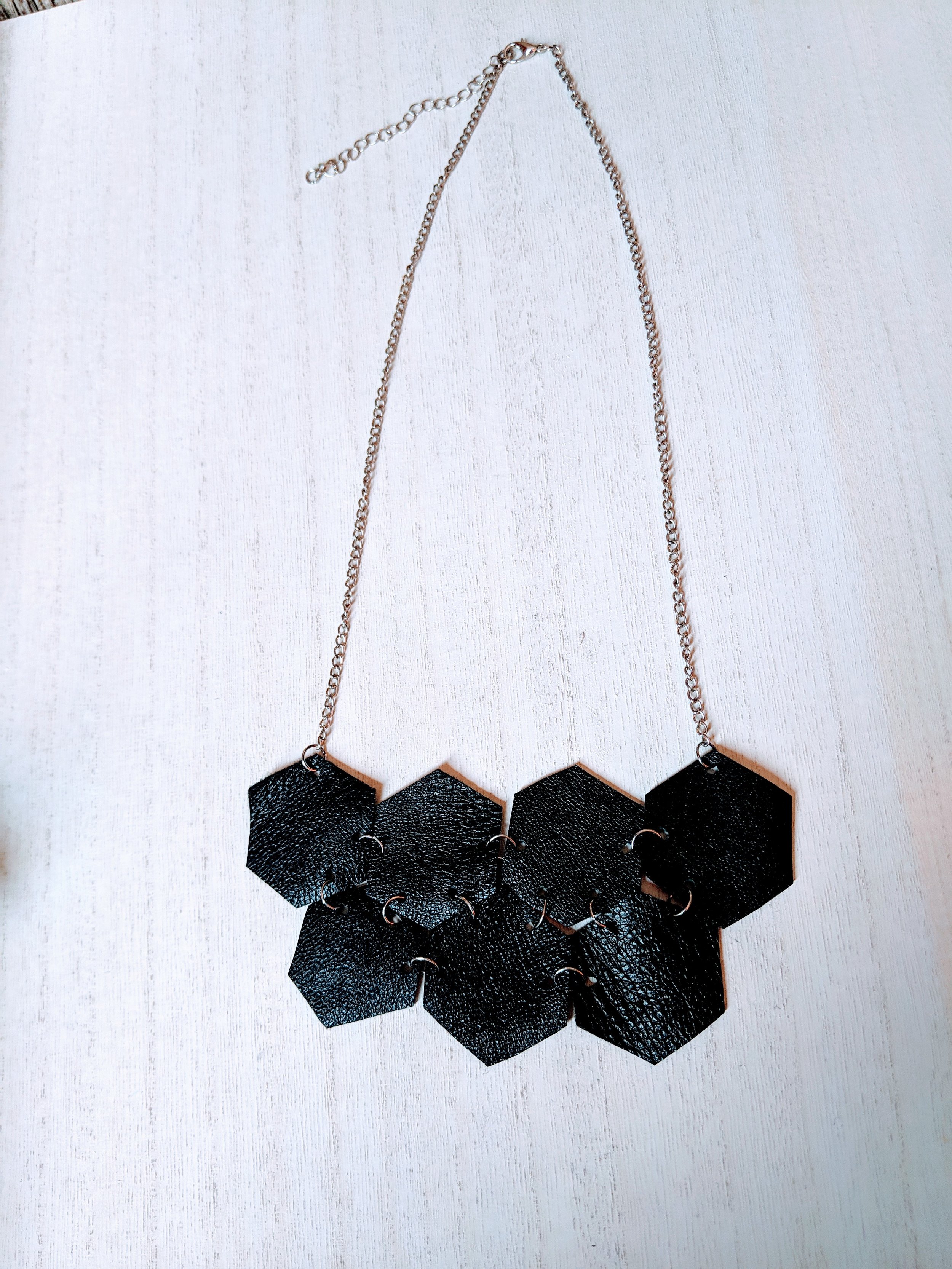 Black Leather Hexagon Necklace