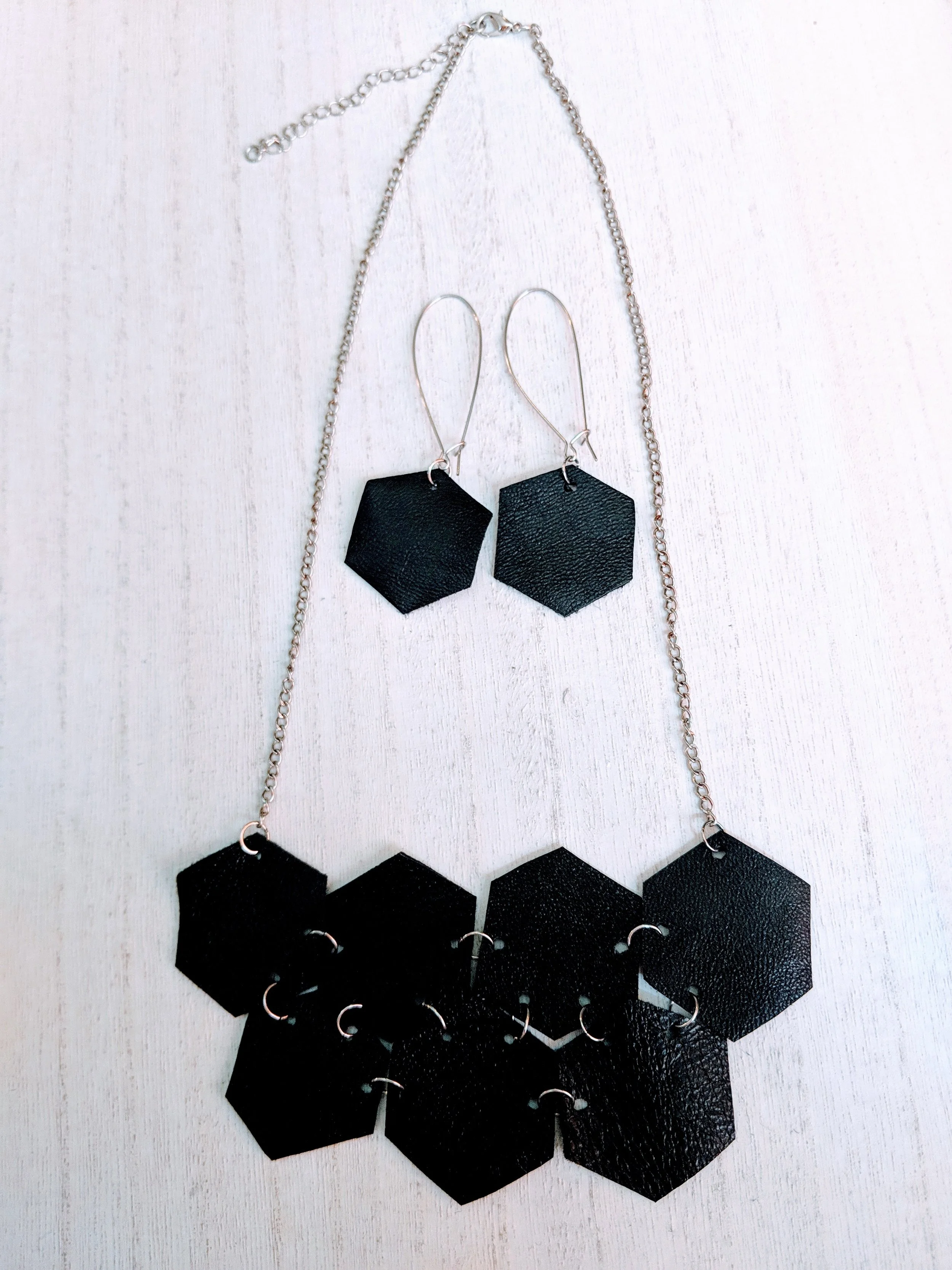 Black Leather Hexagon Leather Necklace and Earrings Set