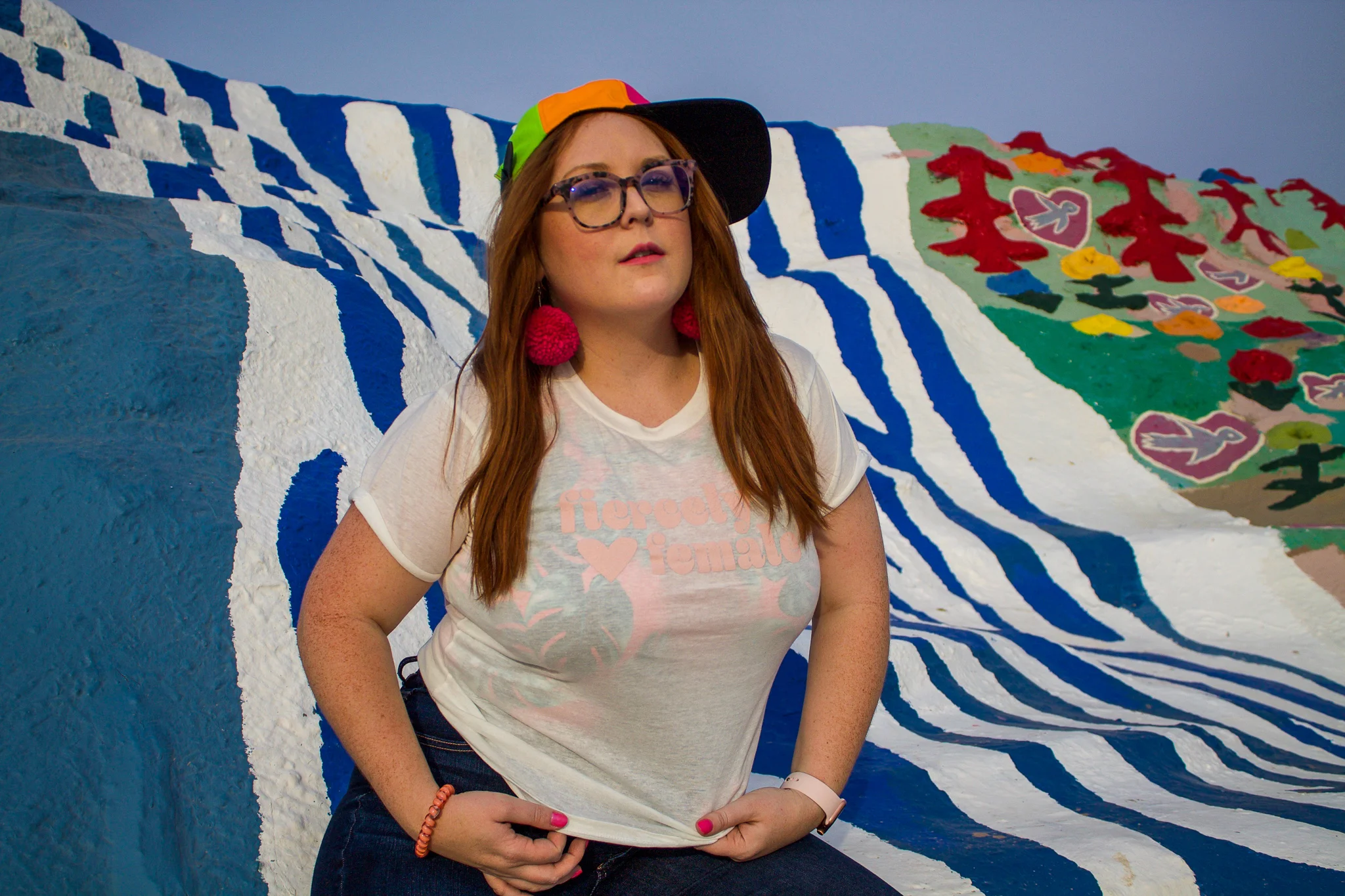 Rocking my “Fiercely Female” tee from Moxie and Row among the colorful landscape of Salvation Mountain