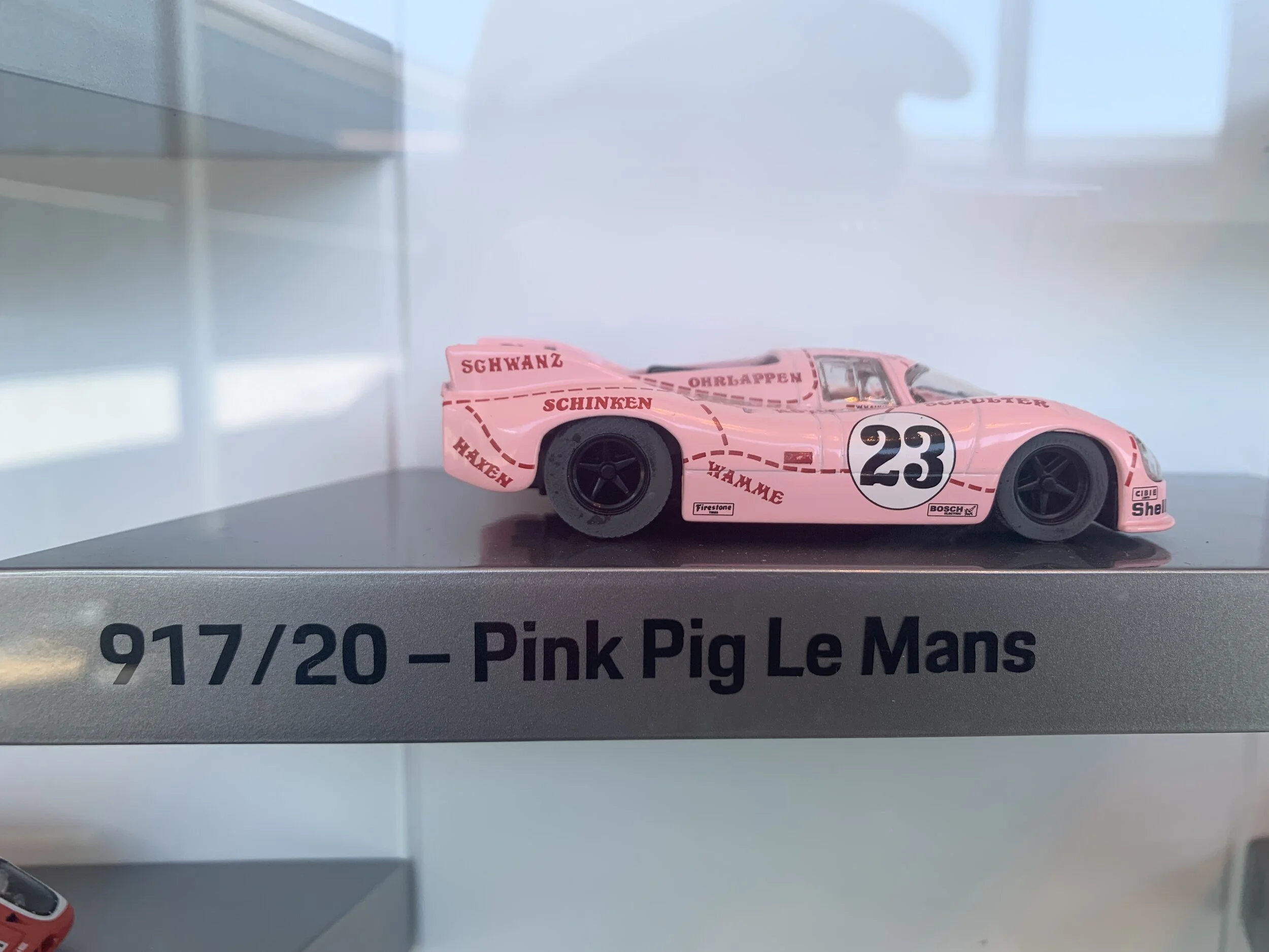 There’s a wall with scaled and historical model Porsches. The Pink Pig from Le Mans is one of our favorites, so I had to snap a pic.