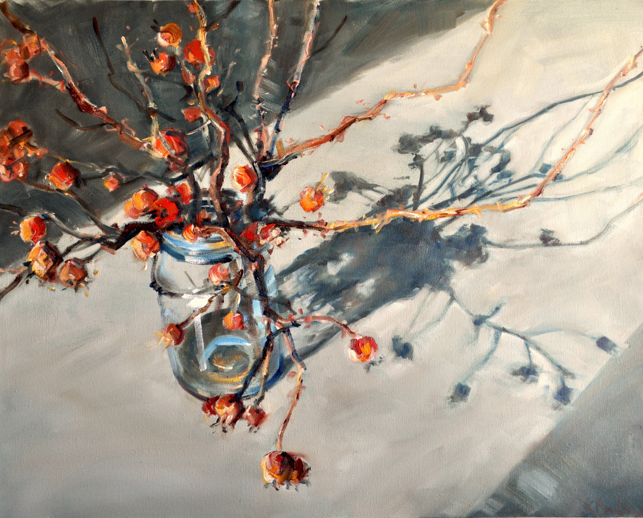 "Rose Hips in Blue Jar"