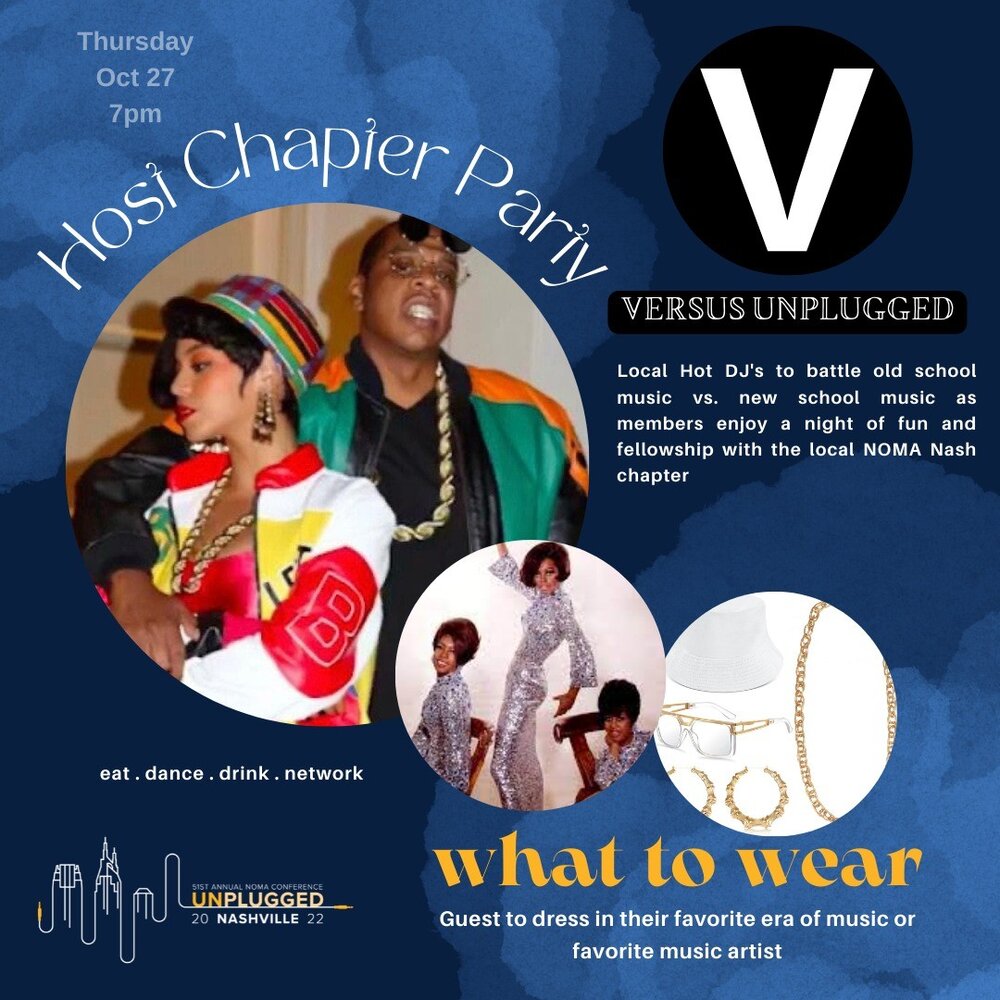#nomanash will welcome conference attendees on Thursday night, Oct. 27th with the Host Chapter Party themed, Versus Unplugged! 

We encourage you to represent and dress in your favorite era of music. DJ's will battle old school music vs. new school m