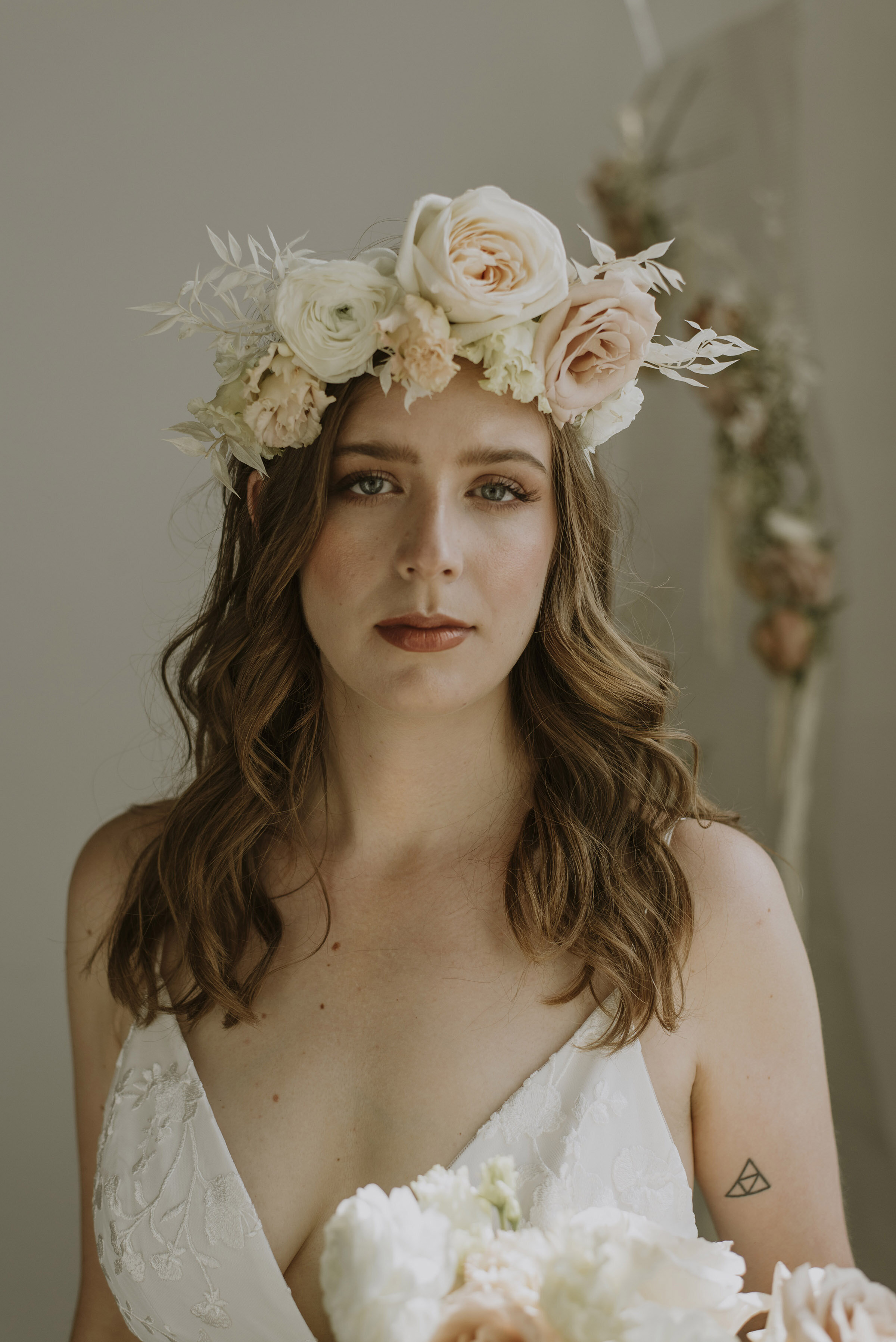 Modern Boho Bridal Inspiration Shoot - Blush and Cream Bouquet, Flower Crown, Natural Bridal Look