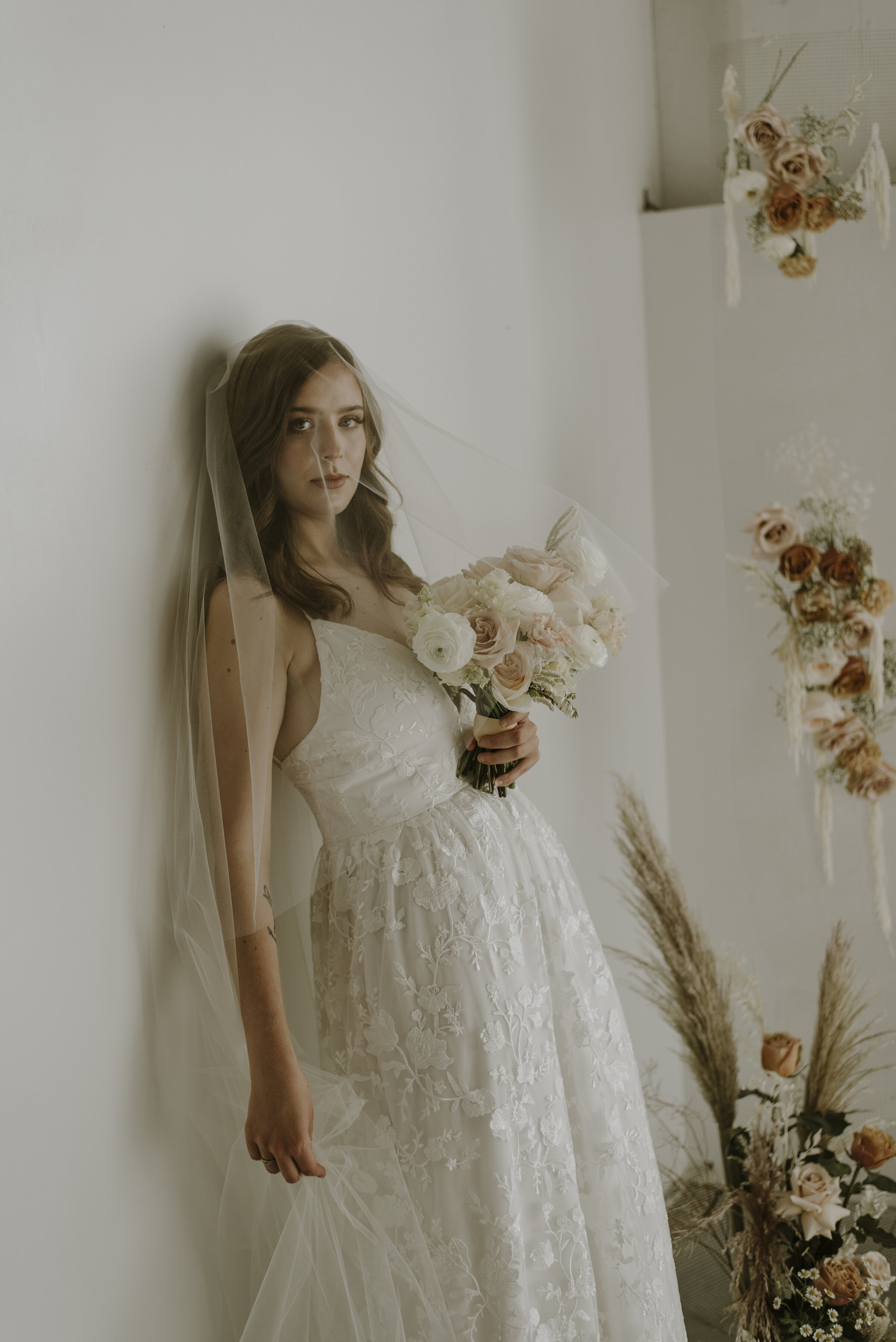 Modern Boho Bridal Inspiration Shoot - Blush and Cream Bouquet, Bridal Veil