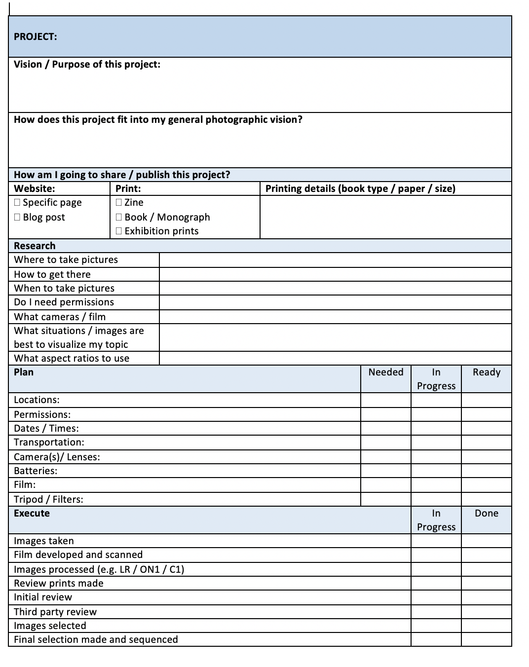 Photography Project Planning
