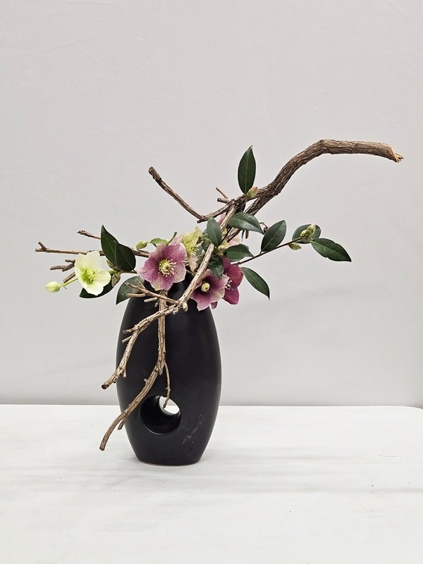 In a tall black vase, Adriana arranged a bare branch with helibore flowers and leaves