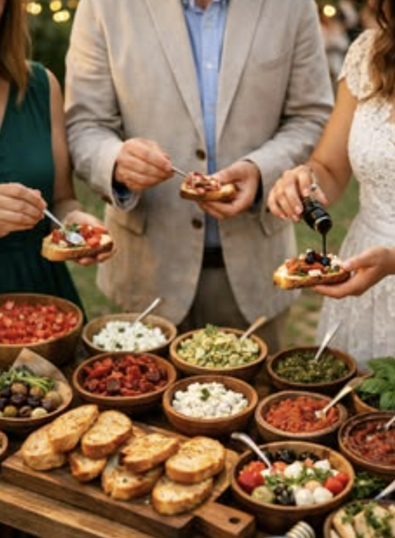 The bottom half of three people at a buffet table, all making themselves a bruschetta.