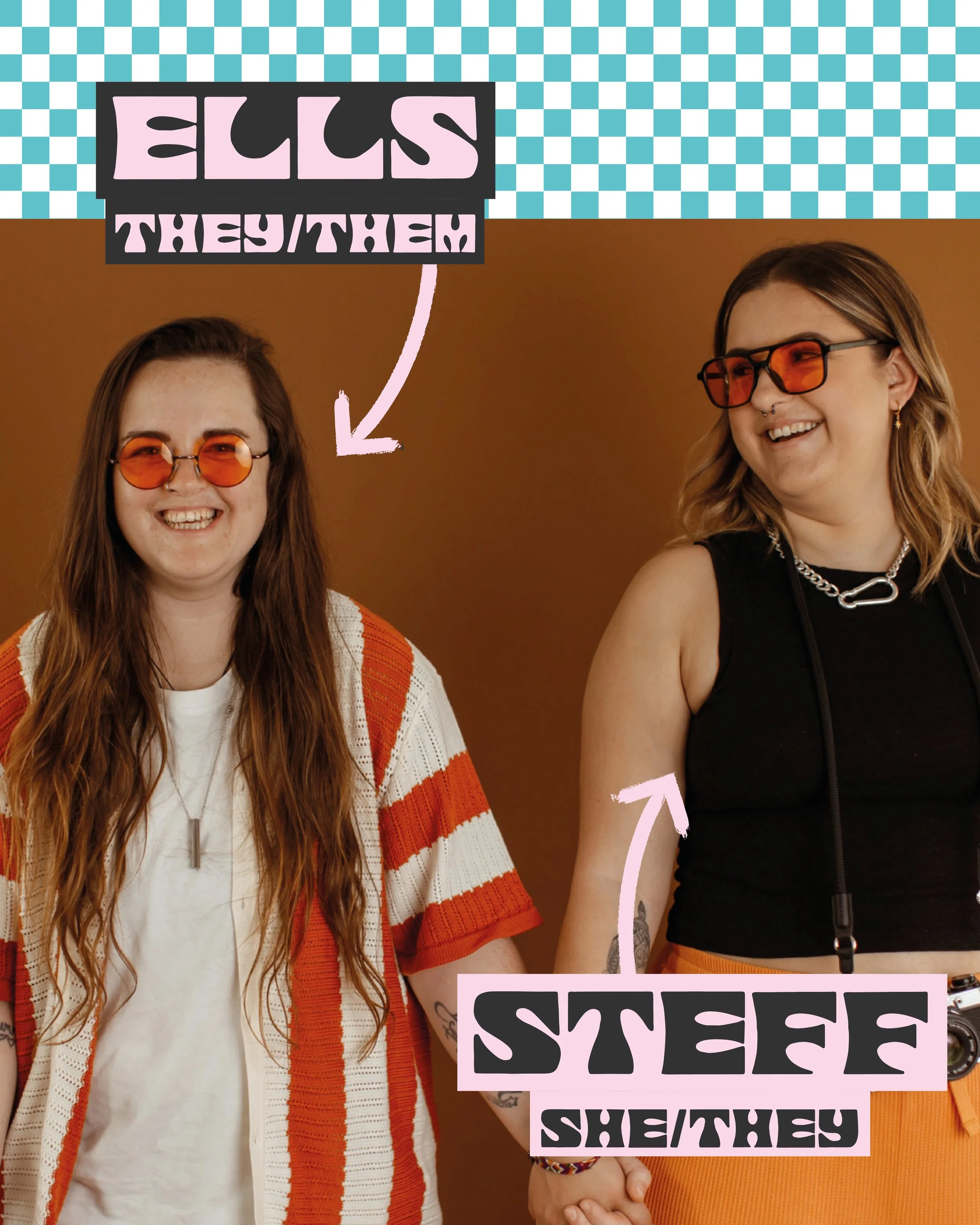 A photo of two people holding hands and smiling, with overlaid text which reads 'Ells (they/them) and Steff (she/they)".