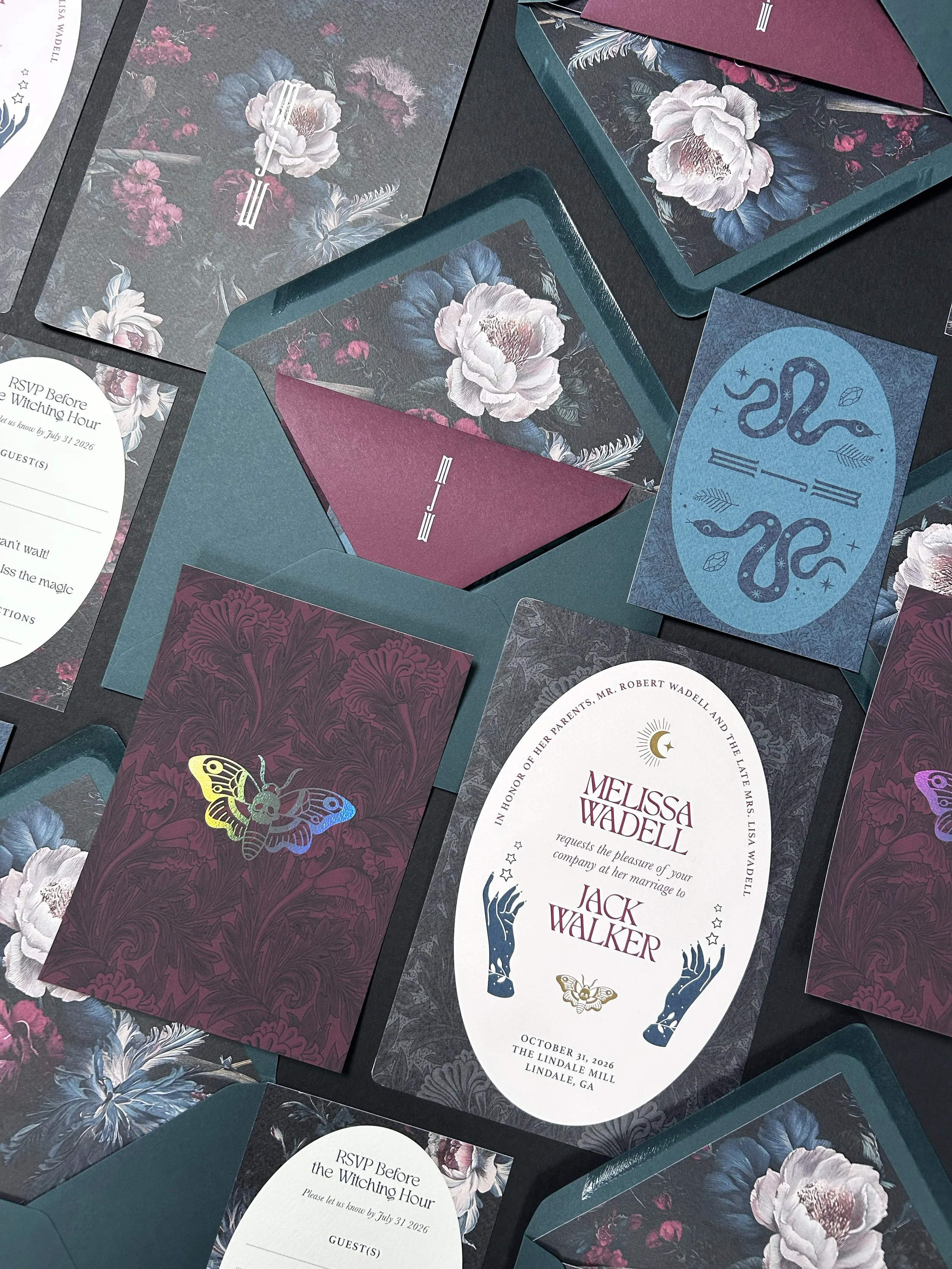 Wedding invitation set featuring moths, mystic hands, stars and Victoriana flowers