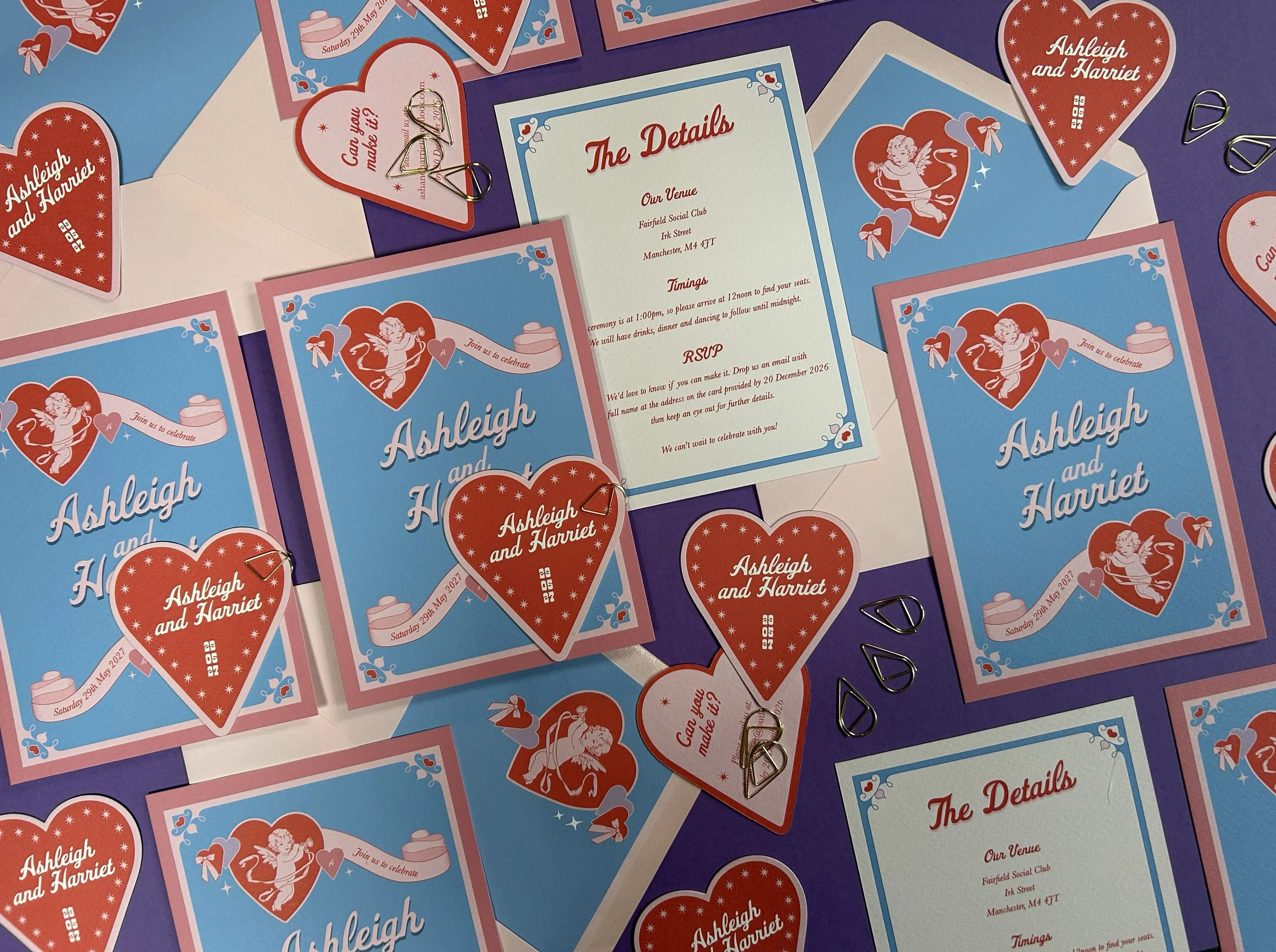 Invites, heart-shaped RSVP cards and details cards with envelopes and liners with a vintage Vegas theme.