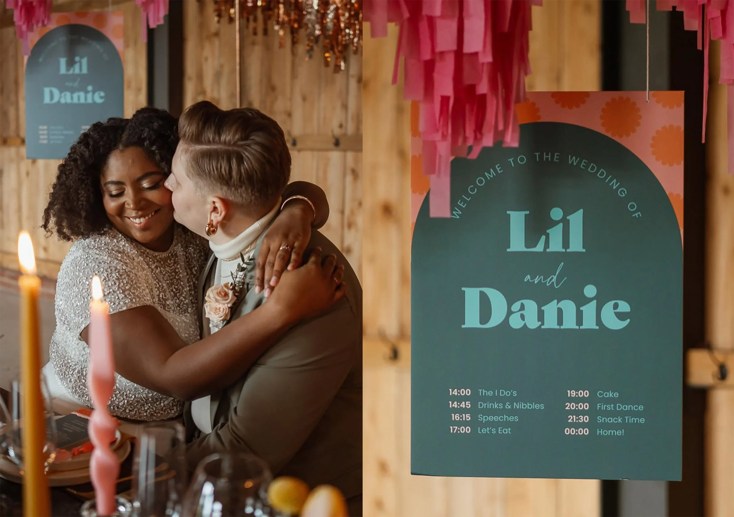 An interracial couple smile and hold each other in front of streamers and a hanging green sign welcoming guests to their wedding and detailing the order of the day.