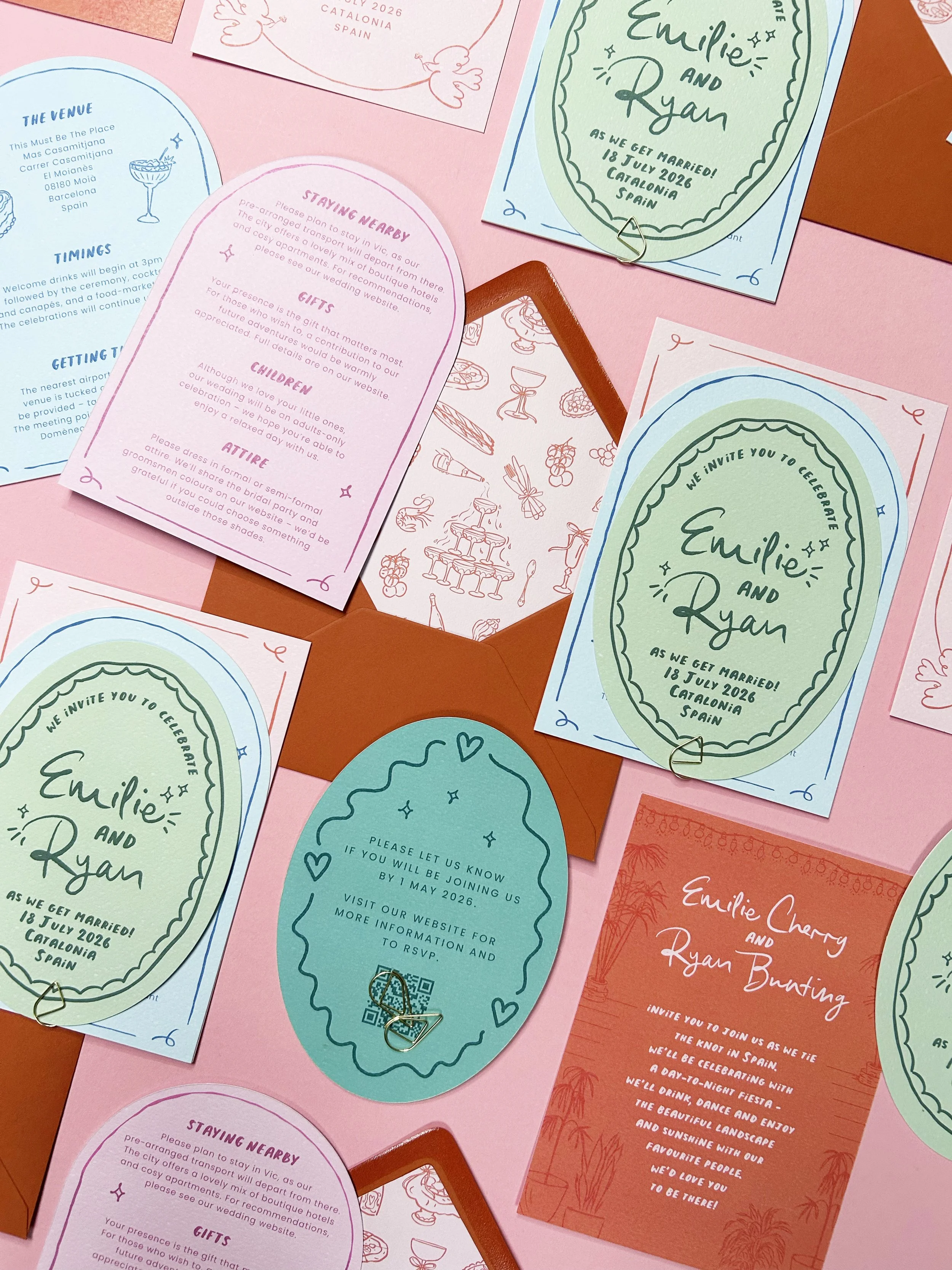 Wedding invites in orange, sage and pink in different shapes with loose illustrations.