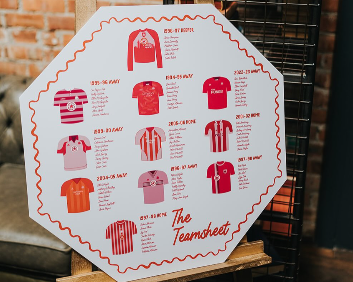 A hexagonal table plan with each table named after a Newcastle United football shirt, alongside bespoke illustrations of each shirt in red and pink.