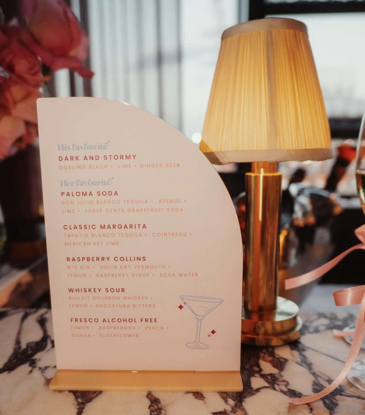 A half-arch Perspex cocktail menu on a marble bar top.