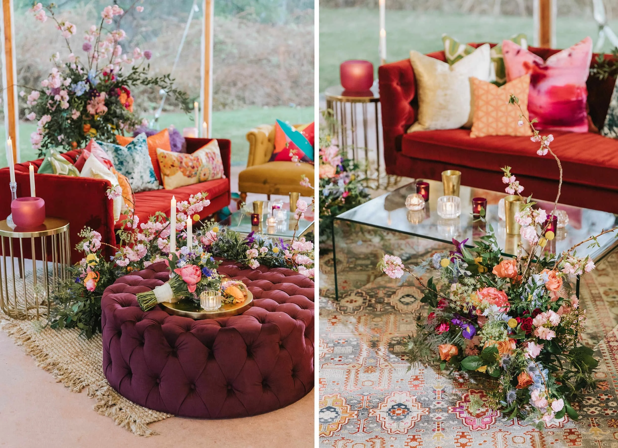A bohemian-style chill out area with sofas, pouffes, side tables, candles and flowers.
