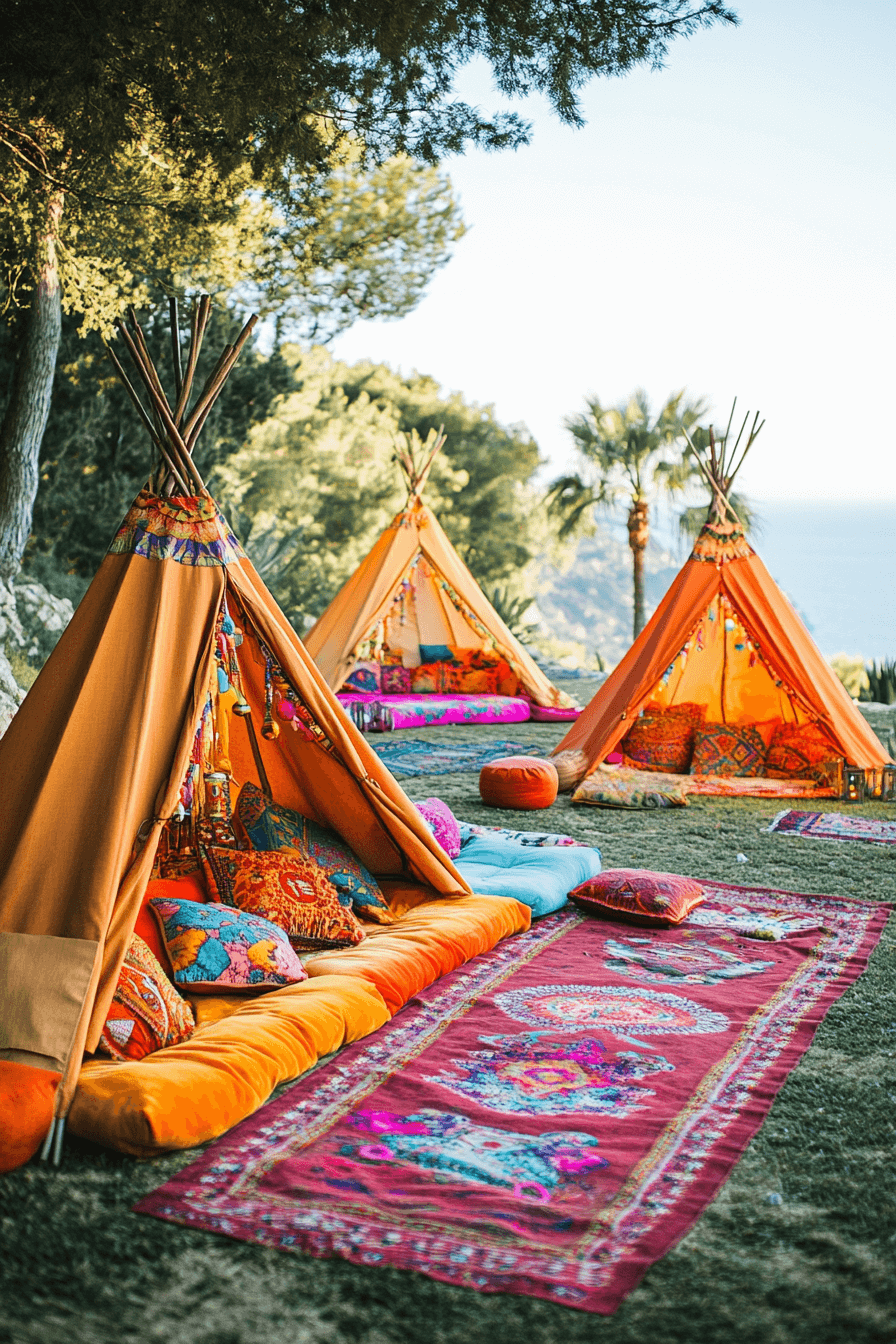 Outdoors at a wedding, there are three orange tipis with colourful rugs, pillows and blankets.