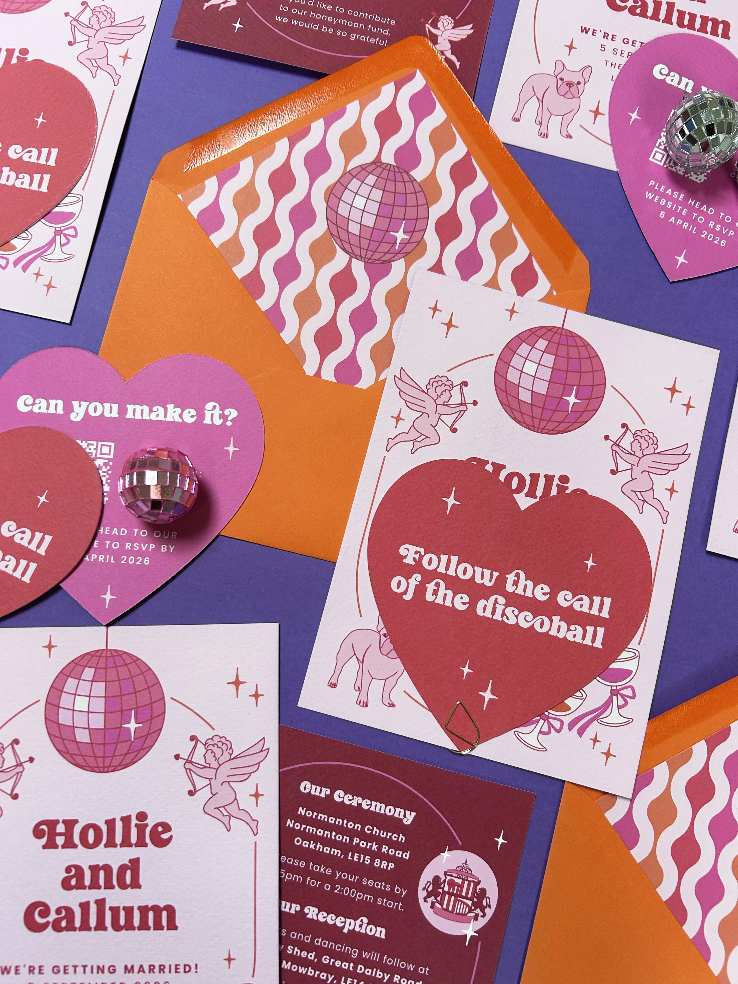 Wedding invitation set with red, pink and orange disco balls, custom illustrations of a pug and cupid.