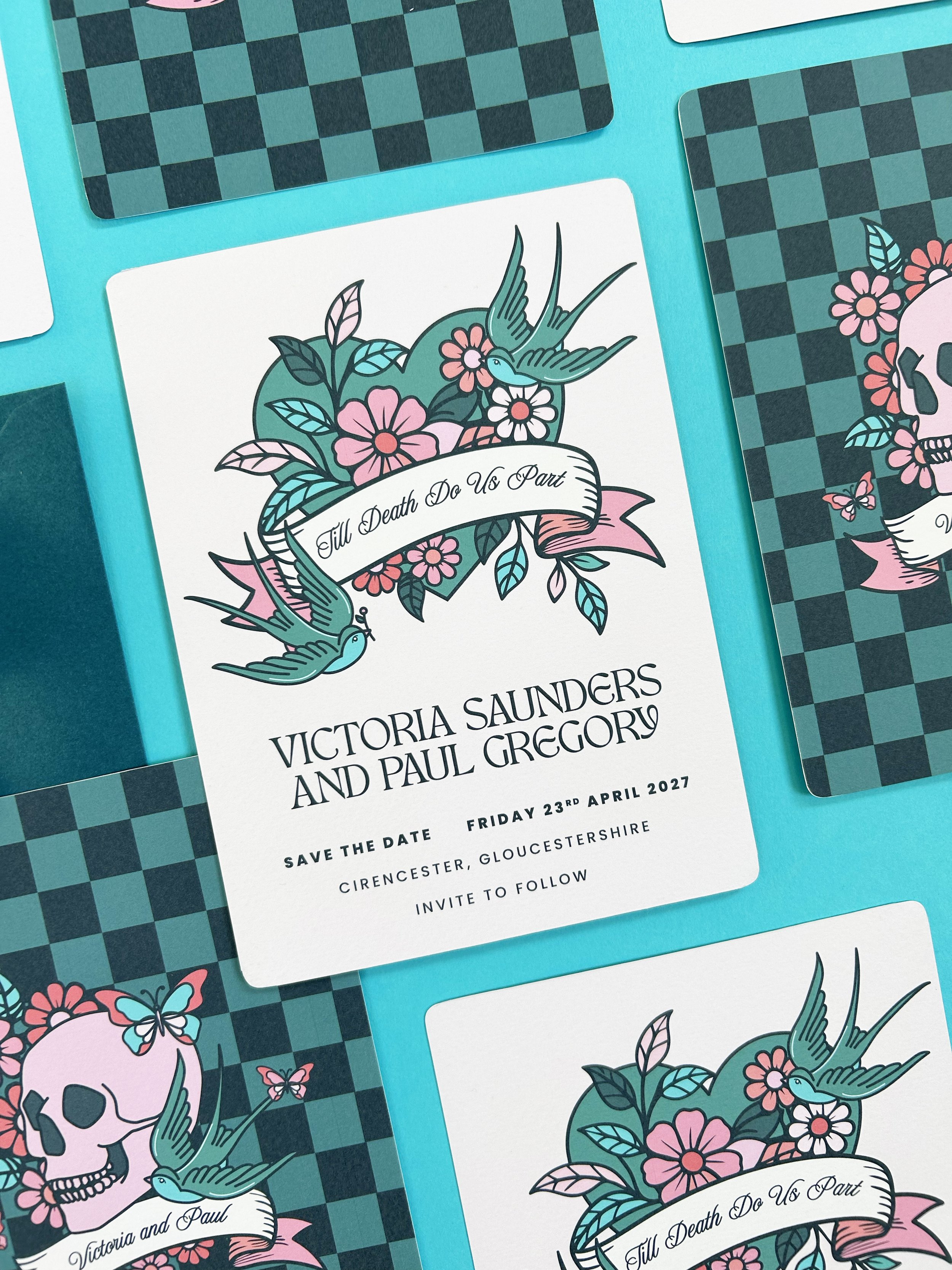 Save the dates with swallows, heart and flowers in a neo-trad tattoo style.