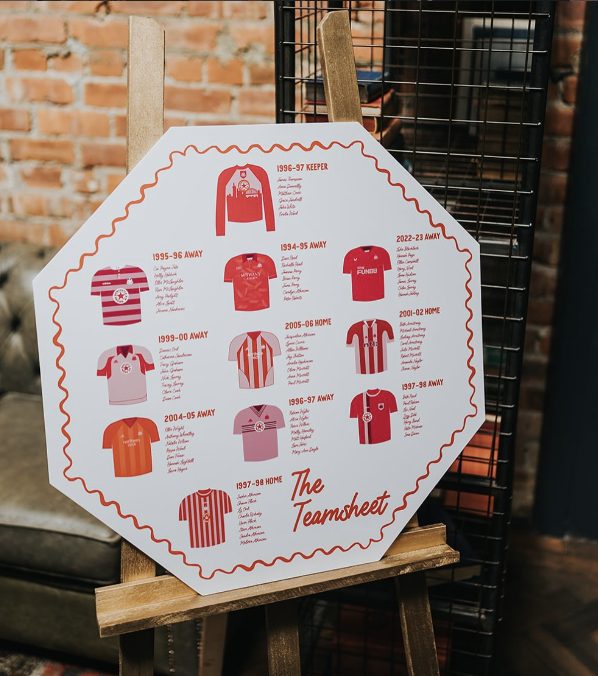 A hexagonal table plan where each table is named after a Newcastle FC football shirt, along with illustrations.
