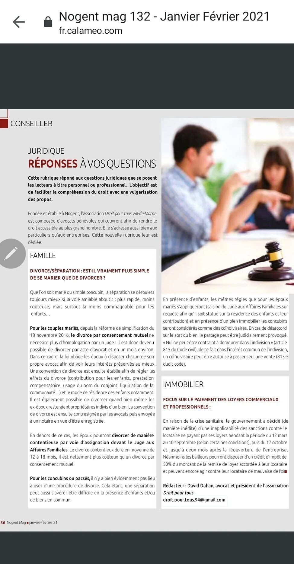 Publication dans le NOGENT MAGAZINE : Loyers commerciaux et Covid / Divorce