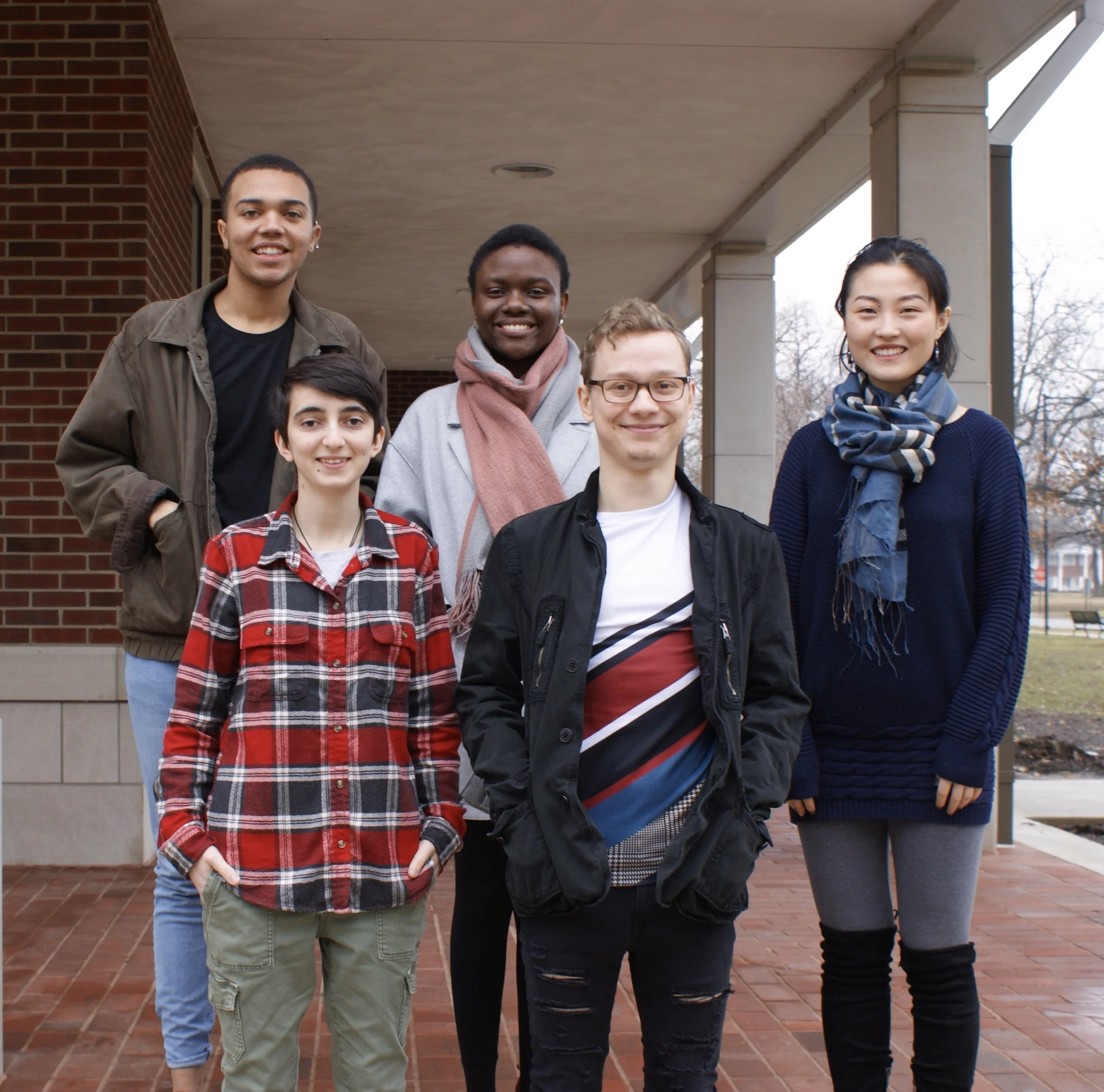 Spring 2019: (Front row, L-R) Thalia Lhatso-Suppan, Ethan Perkins; (Back row, L-R) Tyrique Richardson, Leticia Maganga (Lab Manager), Xuechen Zhang