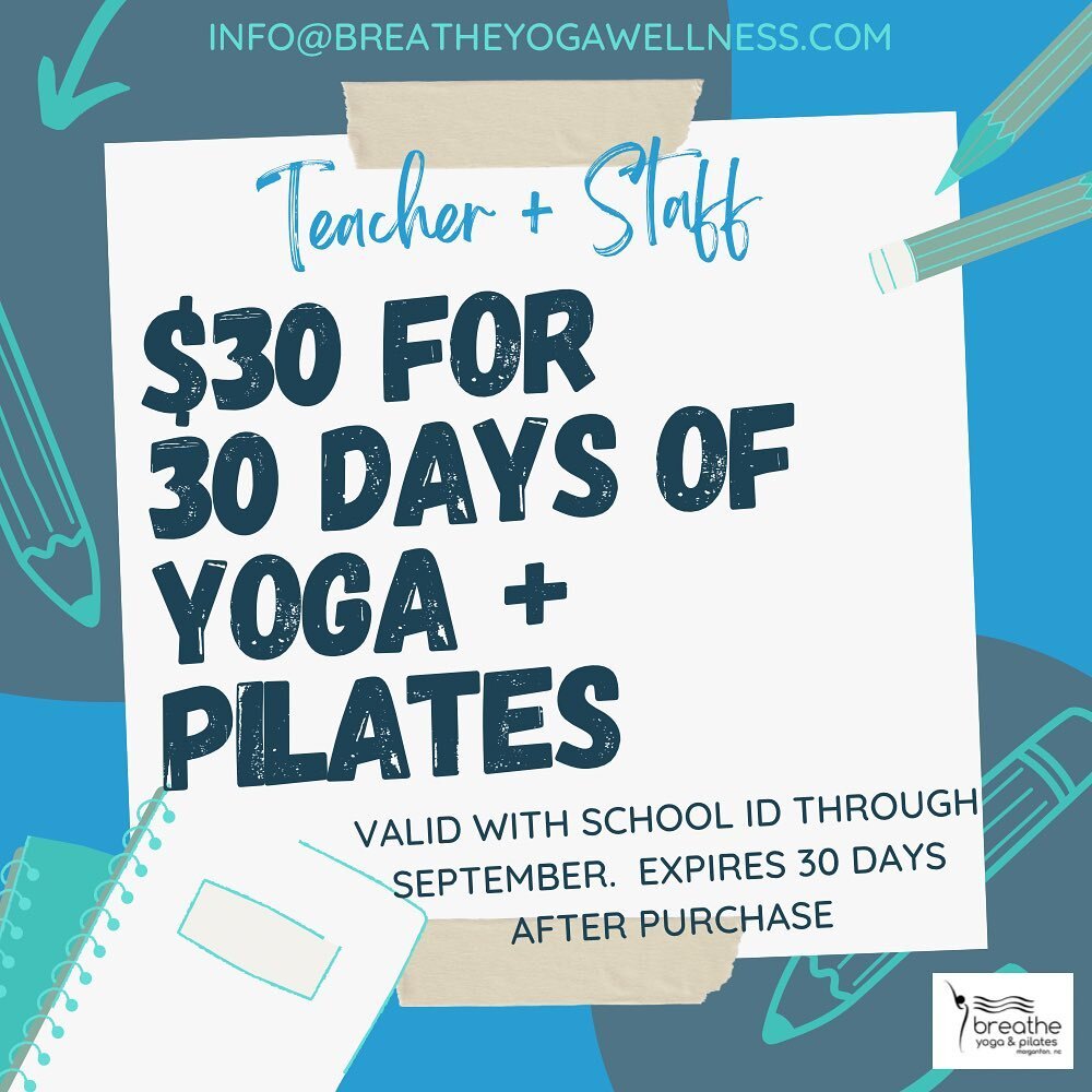 This special is available for our teachers and school staff for the month of September.  Let&rsquo;s have a great school year! 
🙏🏻

Please email info@breatheyogawellness.com from your school email, or present your school ID in studio ✨