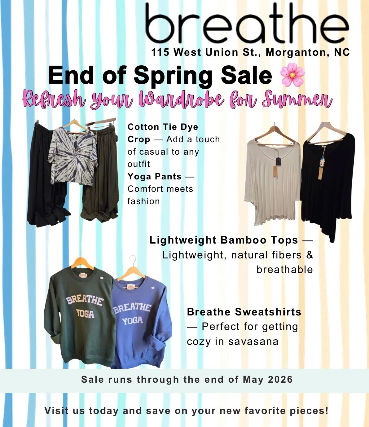 Ok but this weekend it might not feel like summer&hellip;stop in for class with Larisa tomorrow morning and pick up a Breathe sweatshirt (on sale now!), or have Larisa help you pick out some new (nonslip! 😎) toesox!!