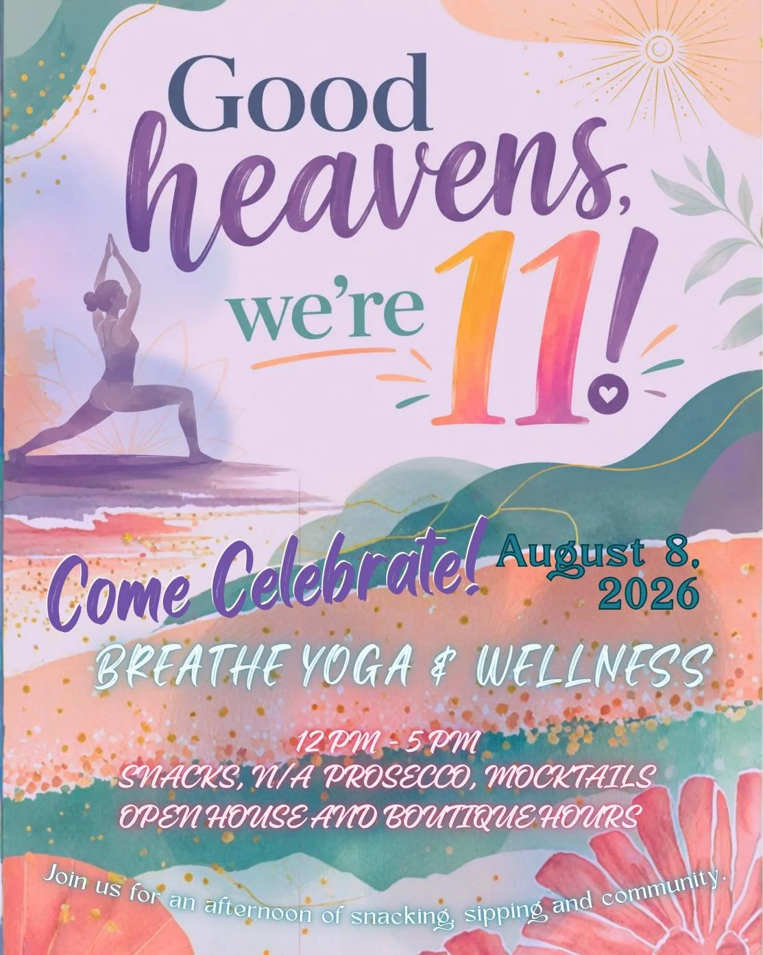 🎉 Good heavens&hellip; we&rsquo;re turning 11! 🎉

Come celebrate with us on Saturday, August 8, from 12&ndash;5 PM as we celebrate 11 amazing years of movement, mindfulness, and community. 💜

Stop by anytime during our Open House and enjoy:
✨ Comp