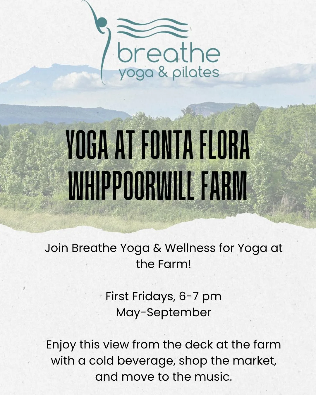 It&rsquo;s almost First Friday! 🥳

Join us this Friday, August 7, from 6&ndash;7 PM for an all-levels yoga flow on the deck at Fonta Flora Brewery at Whippoorwill Farm. We&rsquo;ll move together while taking in the peaceful views of the farm with Li