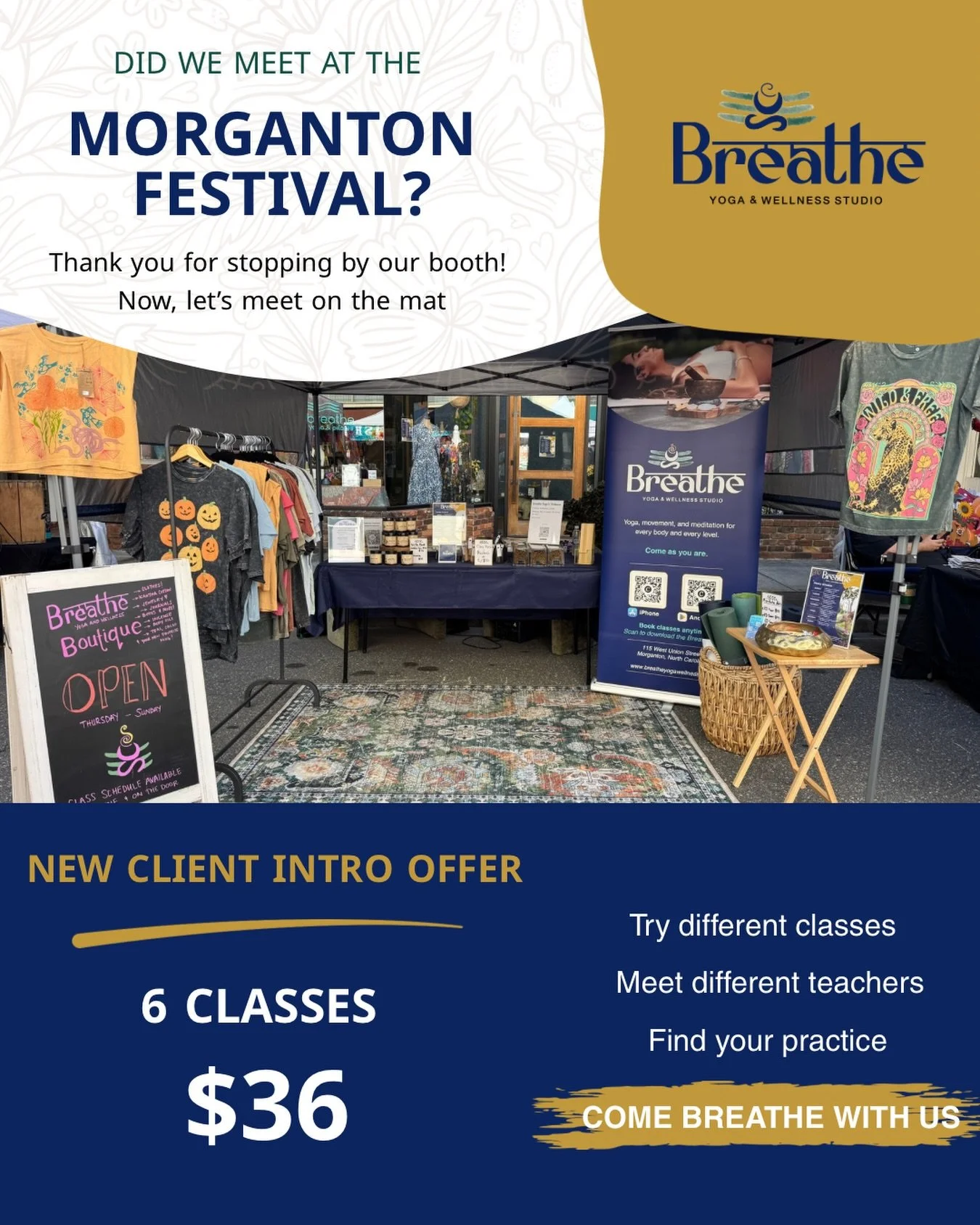 Did we meet at the Morganton Festival? 👋

We loved meeting so many of you at our booth and getting to share a little bit about Breathe. If you stopped by, chatted with us about yoga, or left thinking, &ldquo;Maybe I should give yoga a try&hellip;&rd