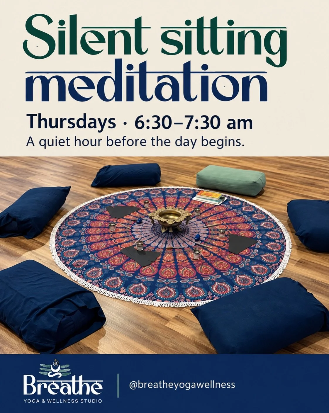 A full Thursday at Breathe.

6:30&ndash;7:30 am &middot; Silent Sitting Meditation
Start the day with a quiet hour in the studio.

12&ndash;1 pm &middot; Breathe Flow
Take a midday break for movement and breath.

5&ndash;6 pm &middot; Community Grief