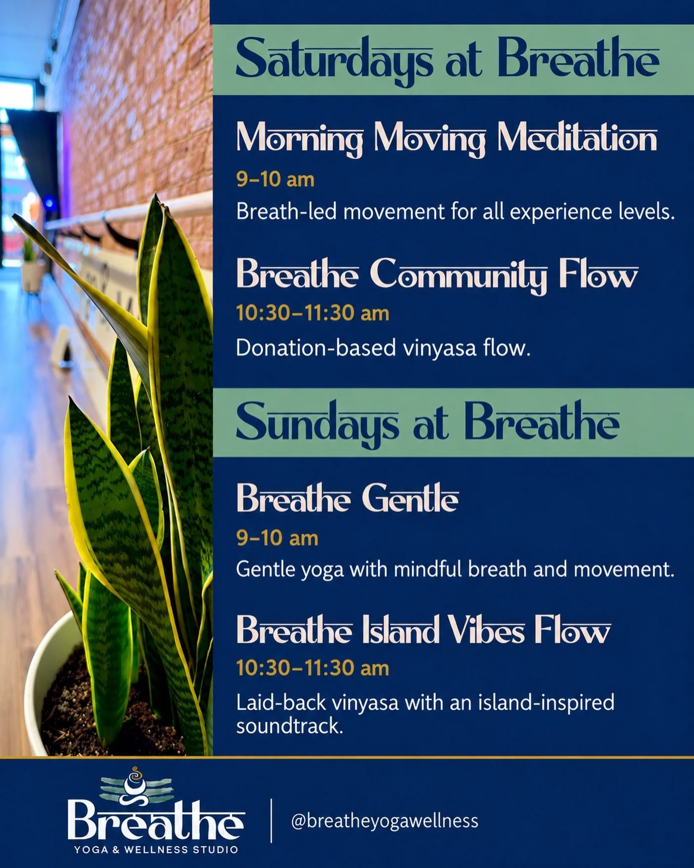 A little movement, a little music, and time together. Weekends at Breathe 💙

SATURDAY
9&ndash;10 am &bull; Morning Moving Meditation
Connect breath and movement, with room to explore at your own pace.

10:30&ndash;11:30 am &bull; Breathe Community F