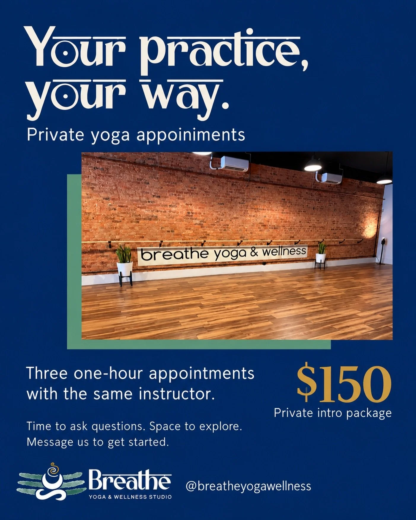 Sometimes you want a little more time to ask questions.

Private yoga appointments give you time with an instructor to explore your practice and what you&rsquo;d like to work on.

Our private intro package is $150 for three one-hour appointments with