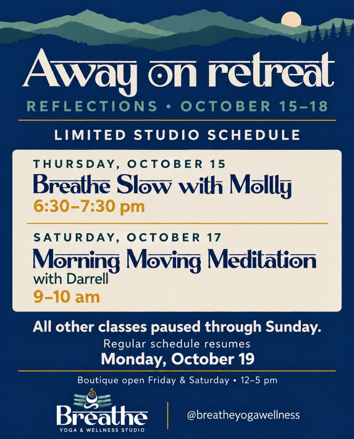 We&rsquo;re heading to the mountains! 🍂

Today we leave for Reflections, Breathe&rsquo;s first retreat with Sarah - a long weekend of yoga, reflection, time in nature, and being together. We&rsquo;re so excited to bring this experience to life!

Wis
