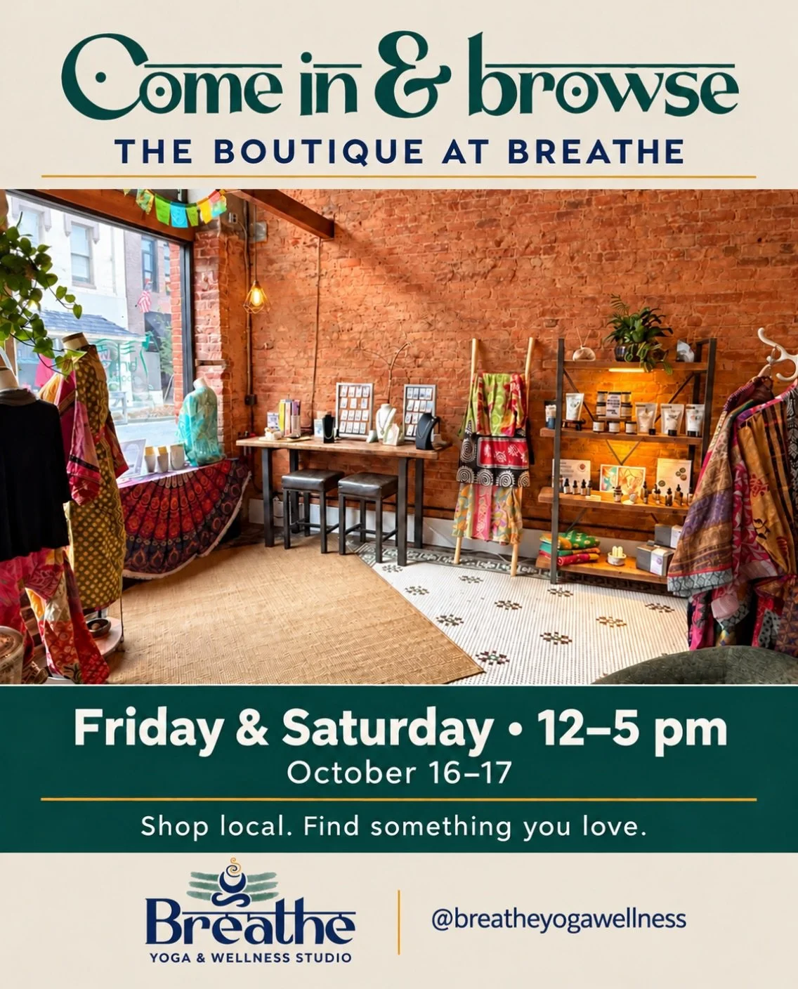 Our retreat crew may be in the mountains, but the boutique doors are open! 💙 

Come browse jewelry, colorful clothing, aromatherapy, and gifts at Breathe. You don&rsquo;t need to take a class to stop in - we&rsquo;d love for you to explore.

Make us