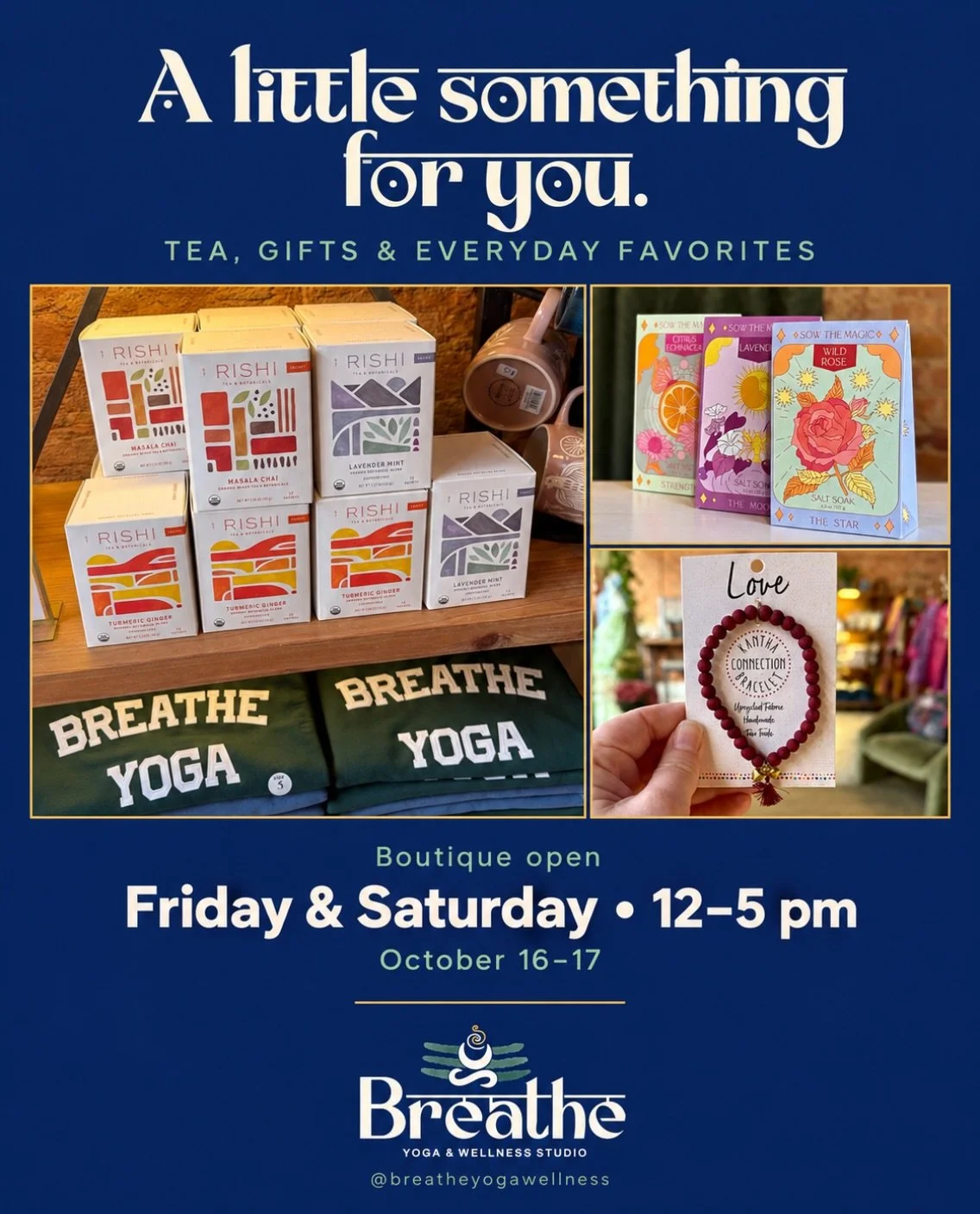 A gift for a friend&hellip; or a little something for you. 💛

A favorite scent, a colorful layer, a piece of jewelry that catches your eye - come see what you find in the boutique at Breathe.

We&rsquo;re open today, Saturday, October 17, from 12&nd